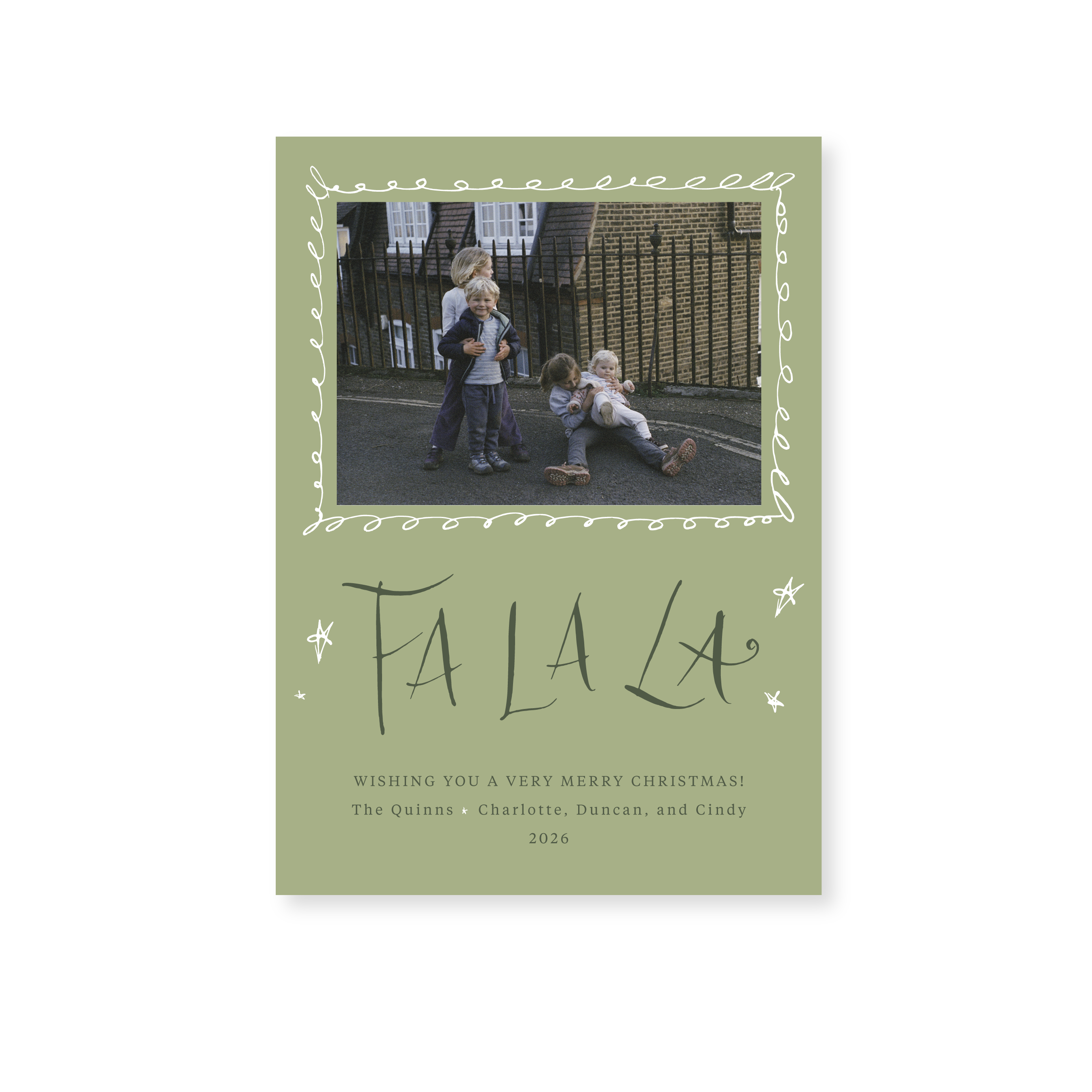 Chadwick Classic Flat Print Fa La La photo mount holiday card featuring original hand-lettered artwork by Stovall Collection.