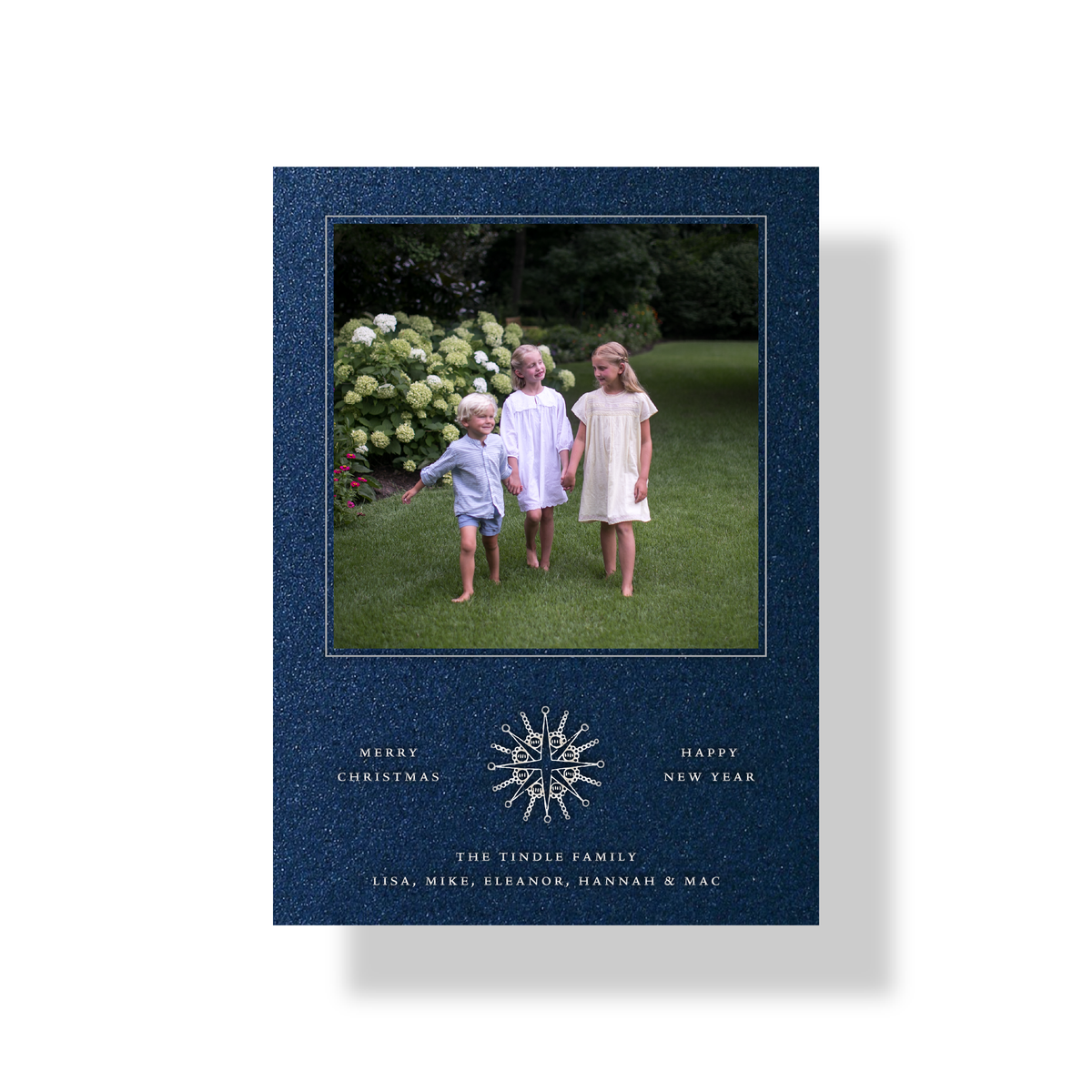 Lapis colorway of the Rhea Engraved Holiday Card with mounted photo, metallic silver ink and engraved celestial motif