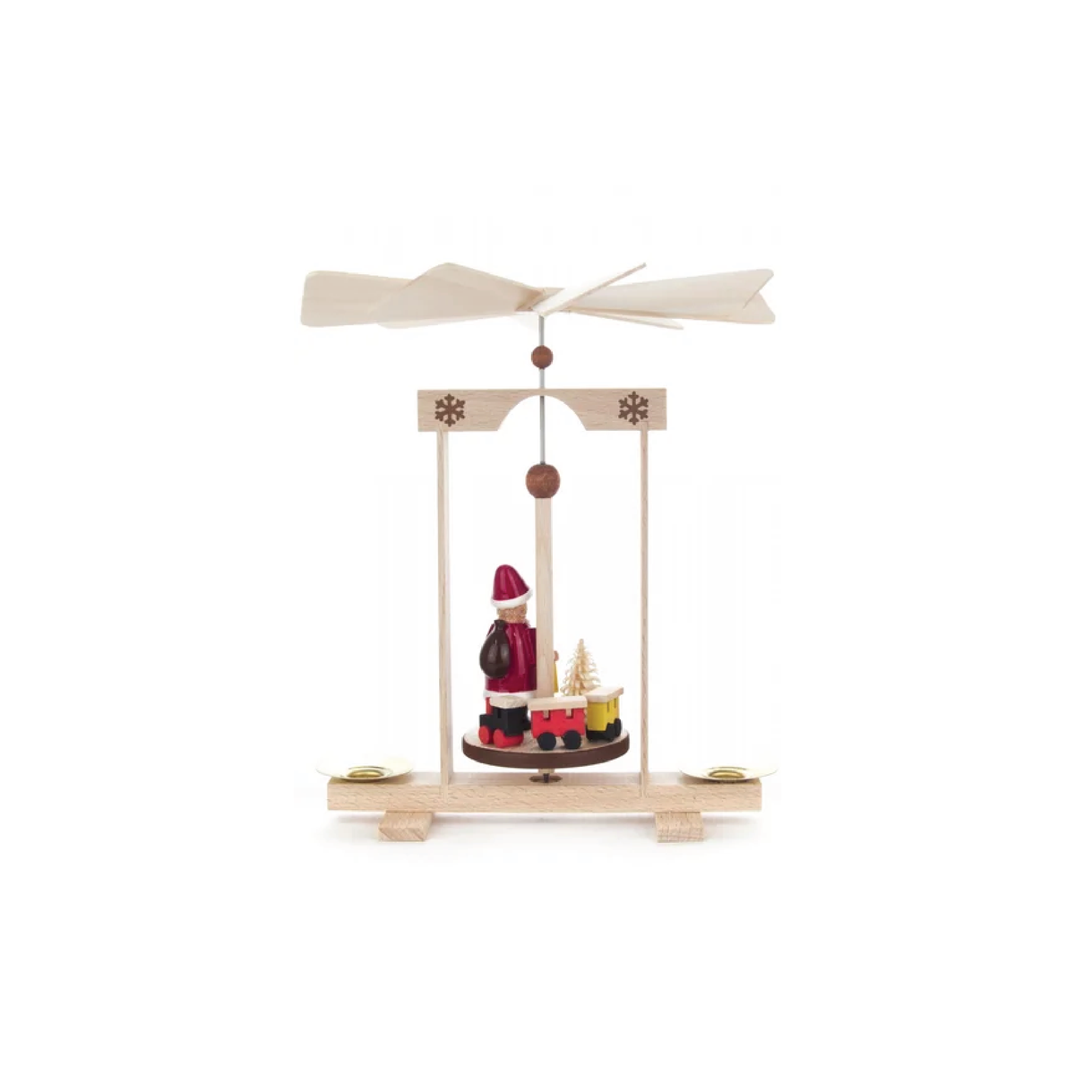 Santa Express Miniature German Christmas Pyramid featuring Santa and a toy train with a traditional wooden candle-powered rotating fan.