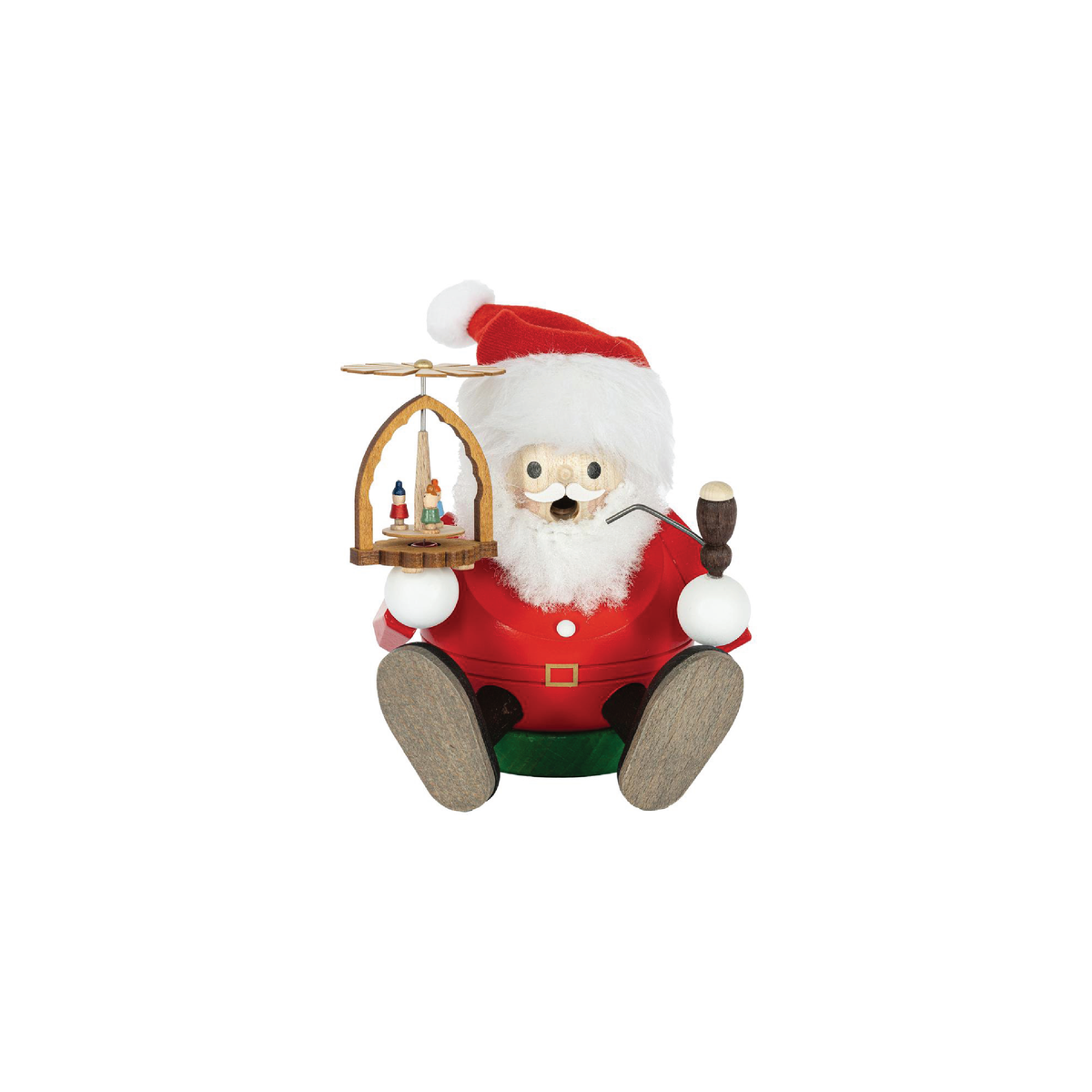 Santa’s Christmas Workshop German wooden incense smoker featuring seated Santa holding a miniature Christmas pyramid