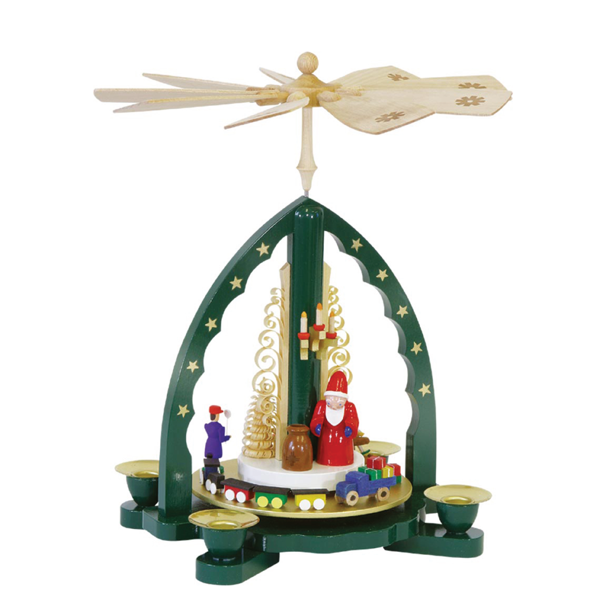 Santa’s Toyland German wooden Christmas pyramid featuring Santa surrounded by colorful toys with a traditional candle-powered rotating fan.