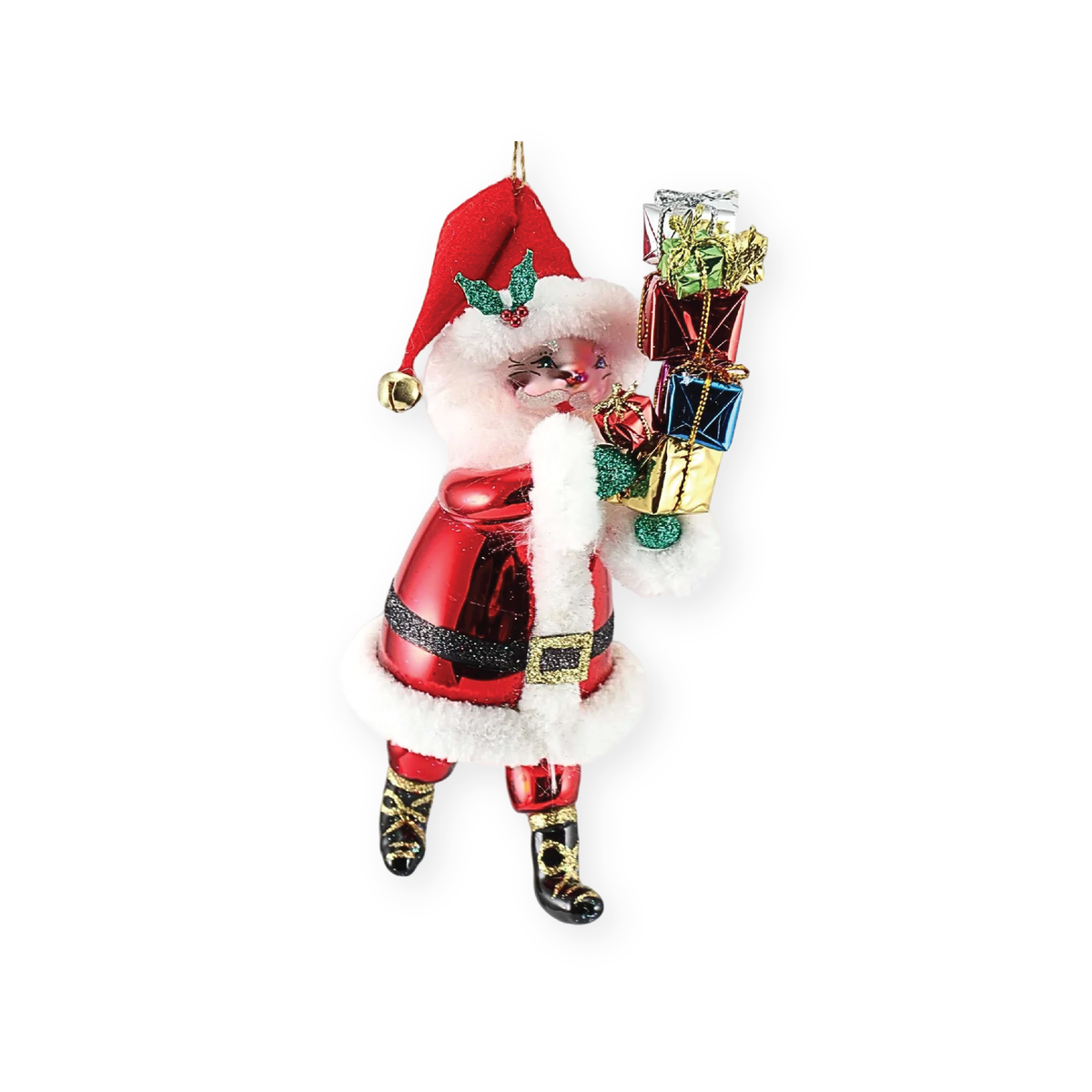 Santa’s Got the Goods Italian glass Christmas ornament featuring Santa in a red suit carrying colorful wrapped presents