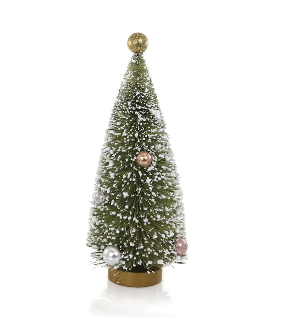 Olive green flocked bottle brush Christmas tree with metallic ornaments. A charming 7-inch accent for mantels, villages, tablescapes, and holiday displays.