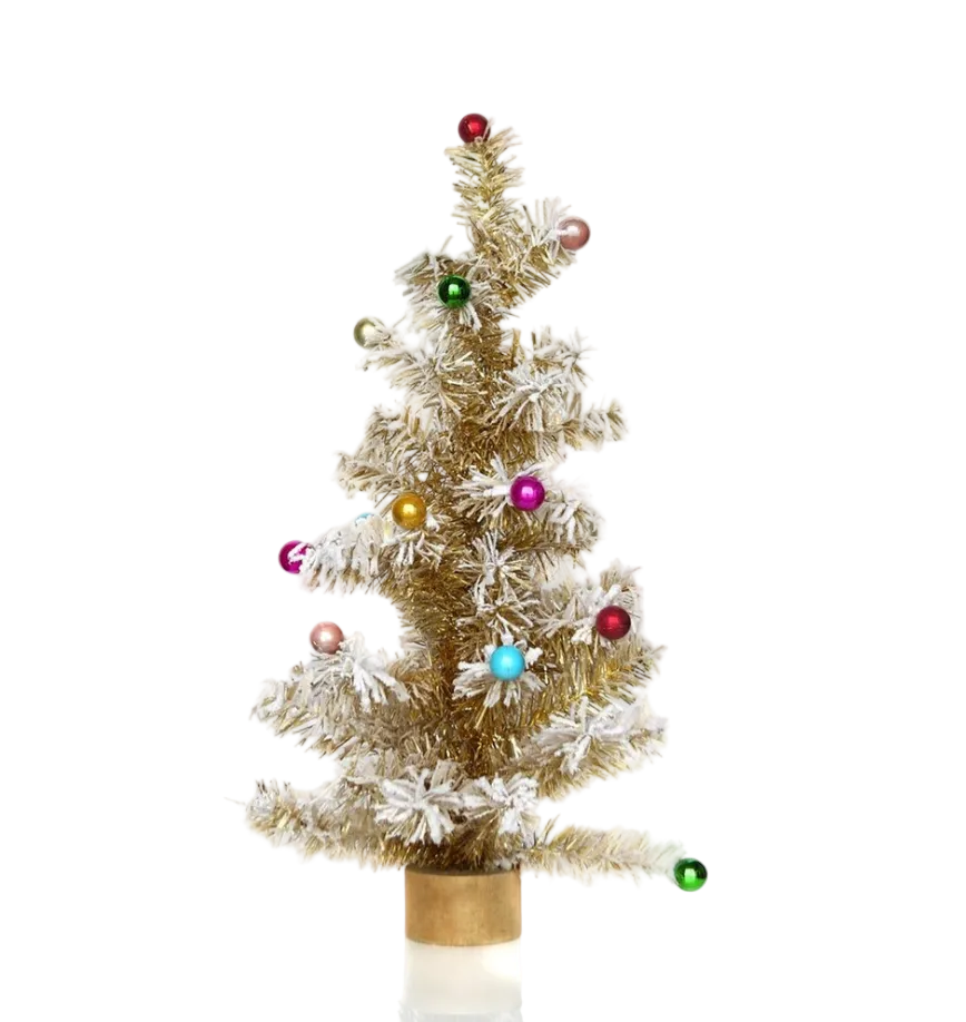 Gold tinsel Christmas tree with snowy flocking and colorful ornaments. A whimsical 24-inch holiday accent for mantels, tabletops, consoles, and festive displays.
