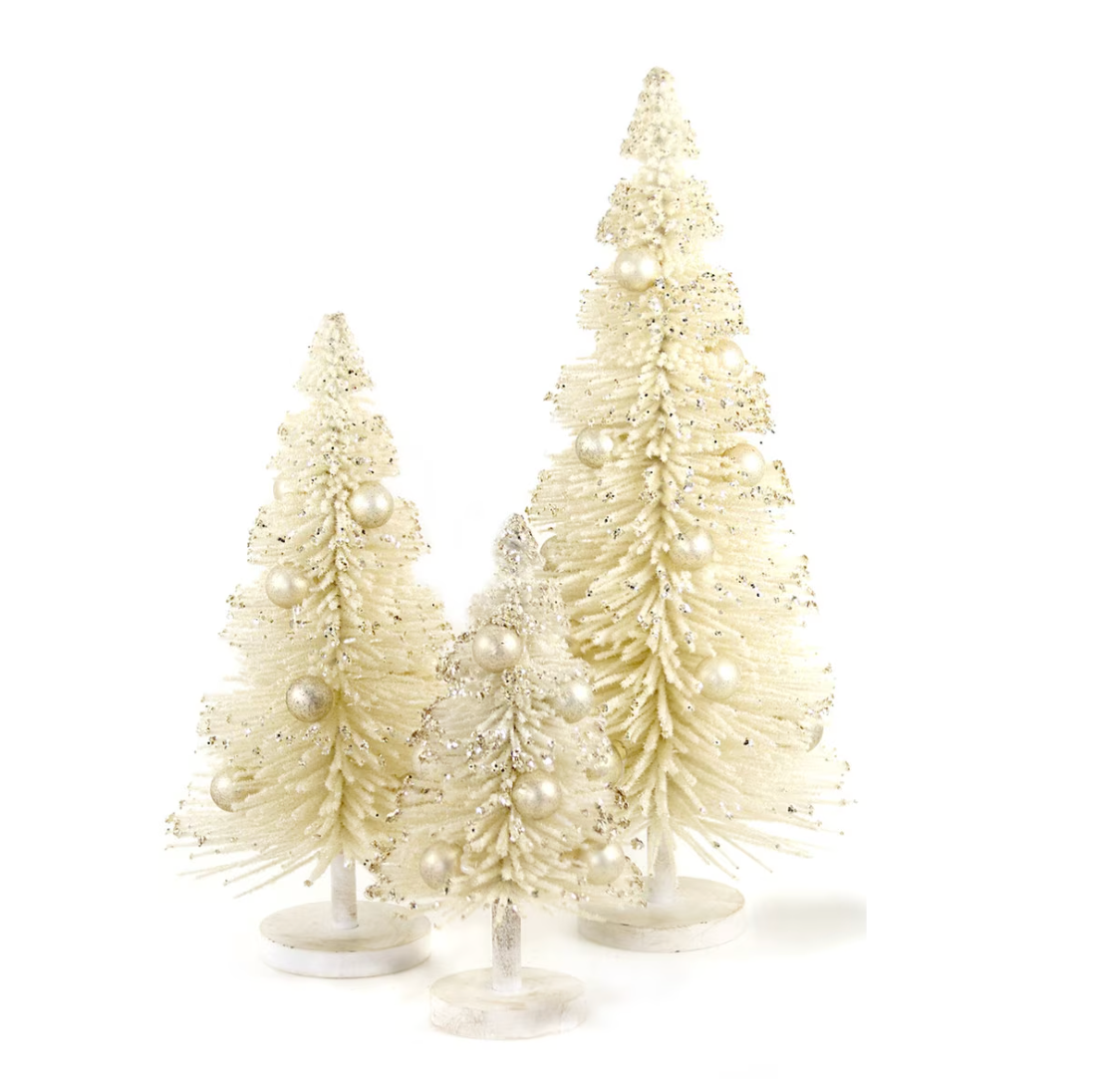 Ivory flocked bottle brush Christmas trees with pearl ornaments and subtle shimmer. Sold individually by size for elegant holiday decorating.