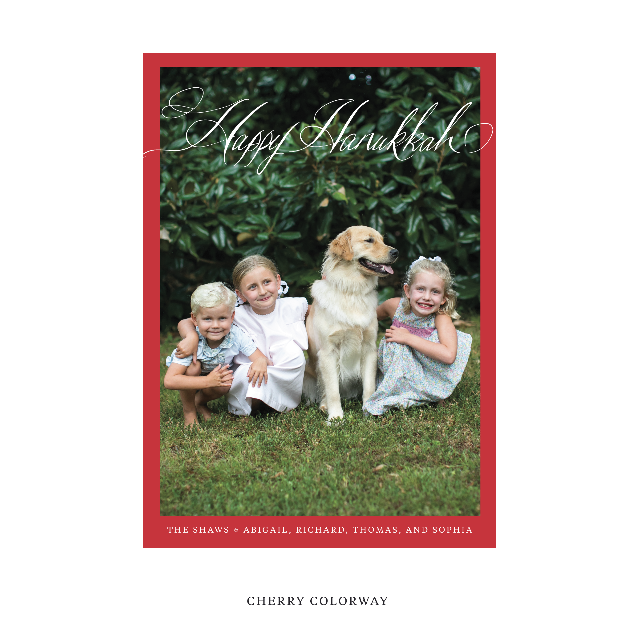 Celebrate the season with the Shaw "Happy Hanukkah" Holiday Card by Stovall Collection. Featuring original hand-lettered artwork, this luxury personalized photo mount holiday card is available in 22 thoughtfully curated flat printing colorways.