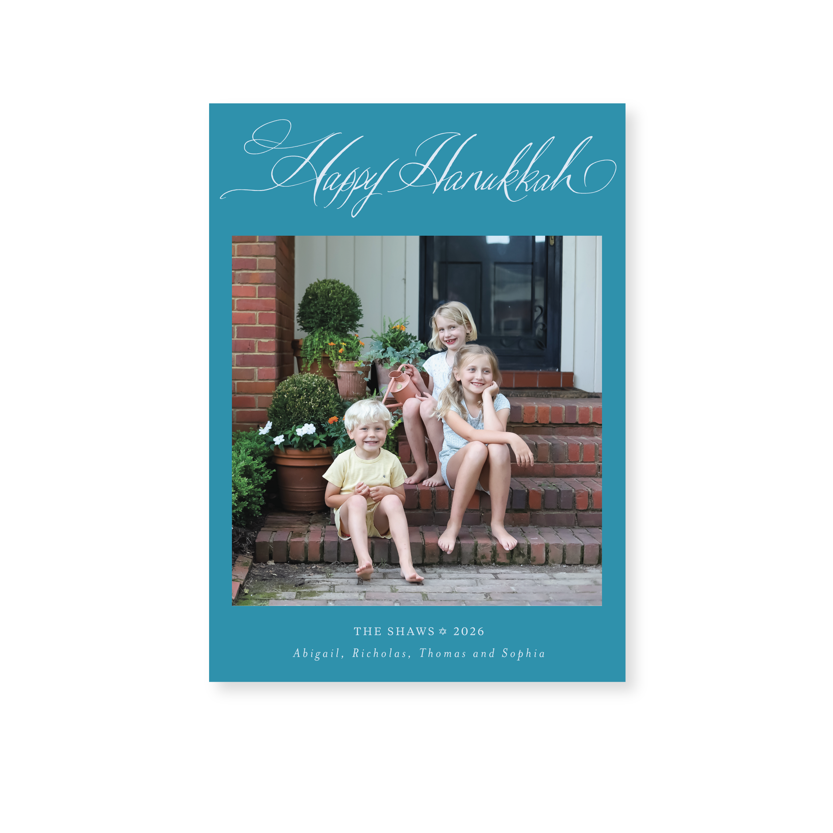 Shaw Classic Flat Print Hanukkah photo mount card featuring original pen-and-ink "Happy Hanukkah" artwork by Stovall Collection.