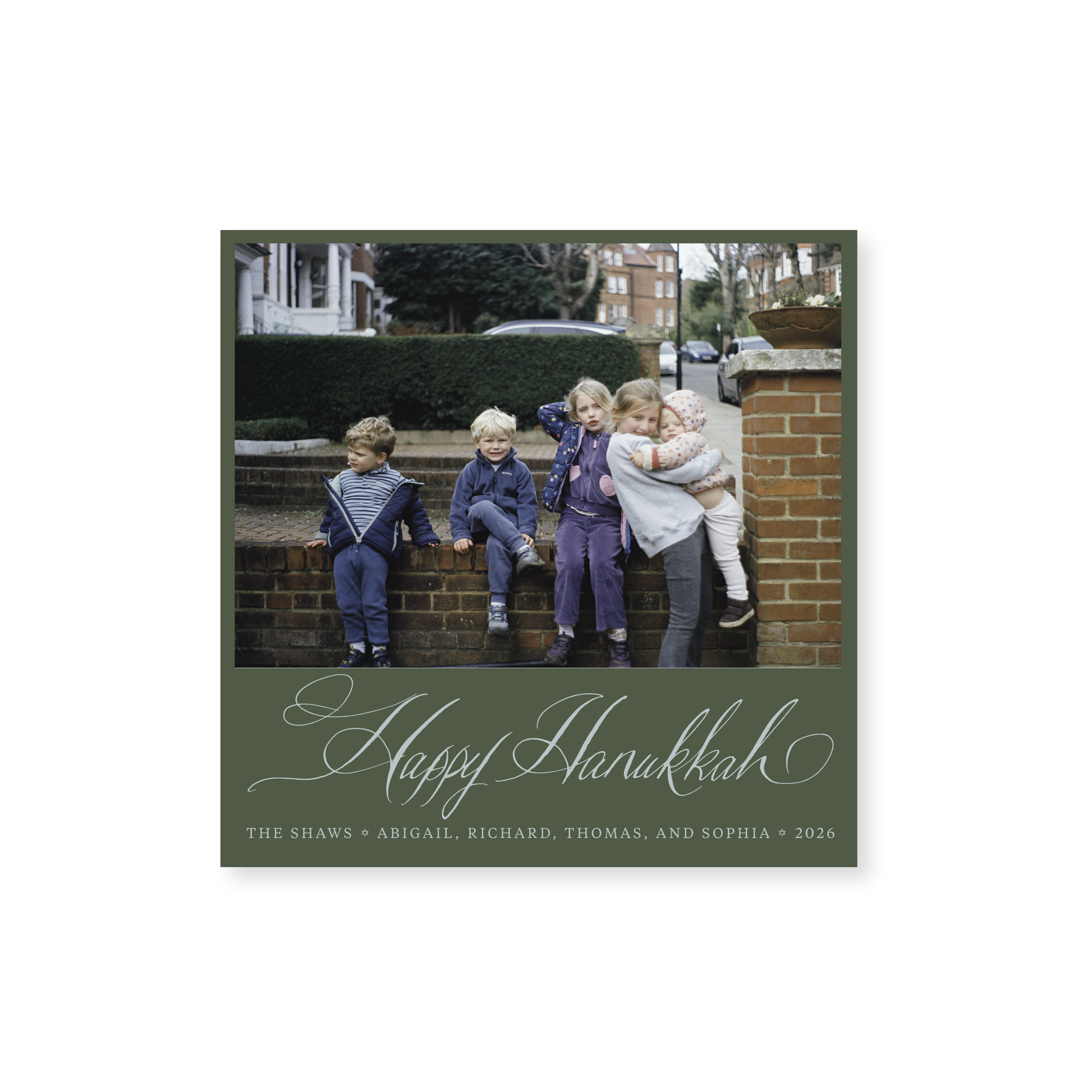 Shaw Classic Flat Print Hanukkah photo mount card featuring original pen-and-ink "Happy Hanukkah" artwork by Stovall Collection.