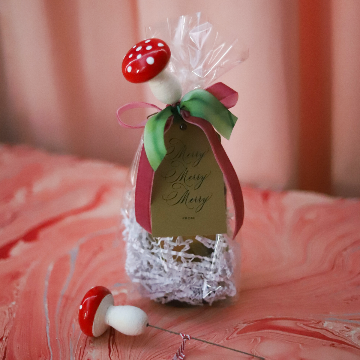 Retro red spun cotton mushroom gift embellishments, set of three
