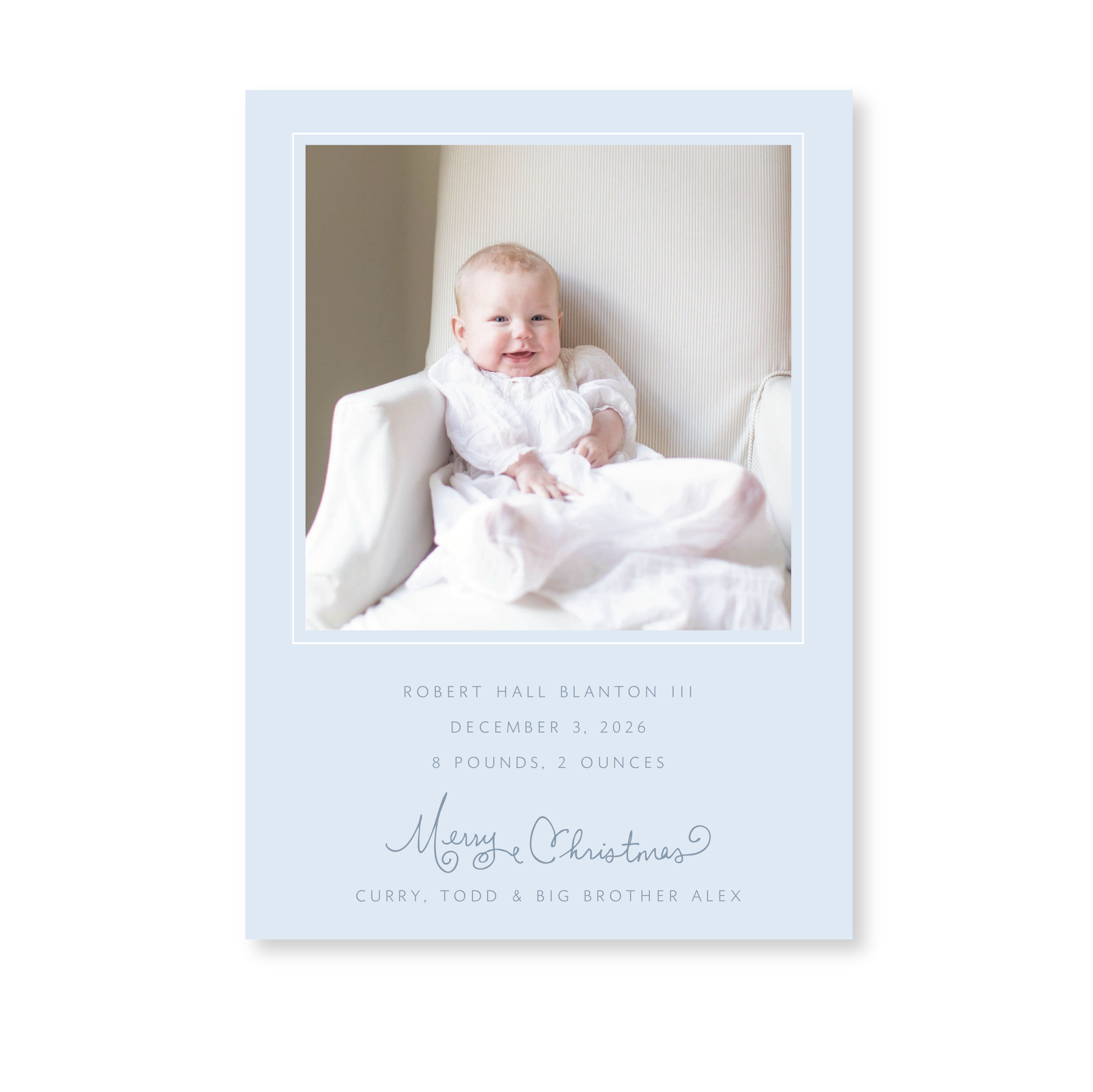Sinclair Classic Flat Print Birth Announcement Holiday Card featuring whimsical hand-lettered calligraphy and a mounted family photograph by Stovall Collection.