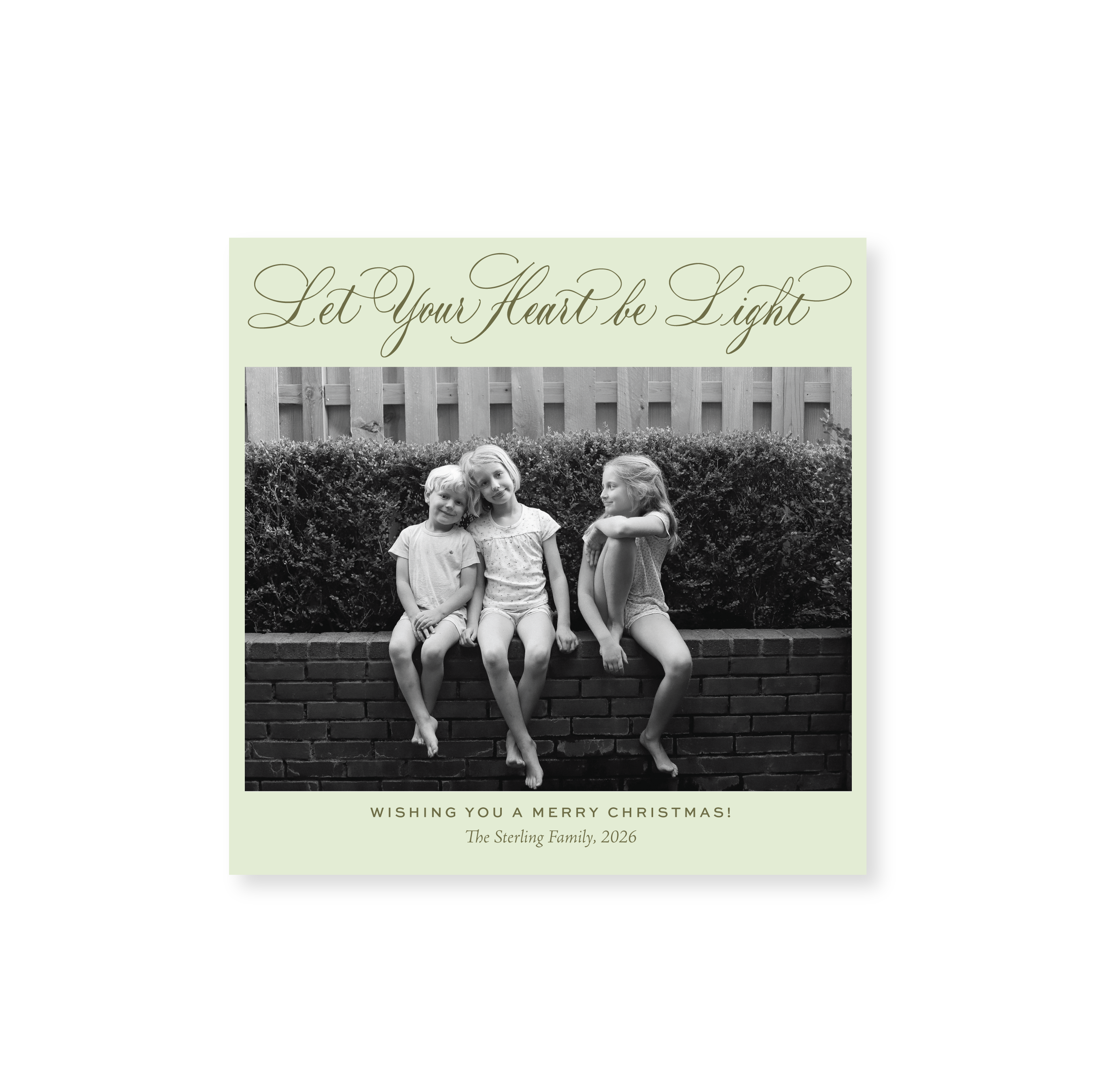 Sterling Classic Flat Print Let Your Heart Be Light photo mount holiday card featuring elegant hand-lettered artwork by Stovall Collection.