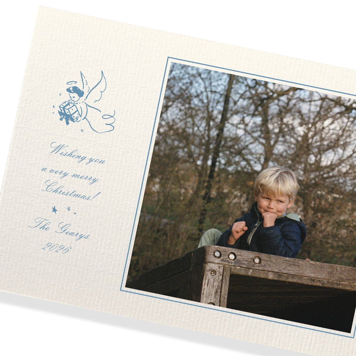 Sutton Vintage Motif Classic Print Holiday Card on cream laid paper with blue ink and mounted family photograph