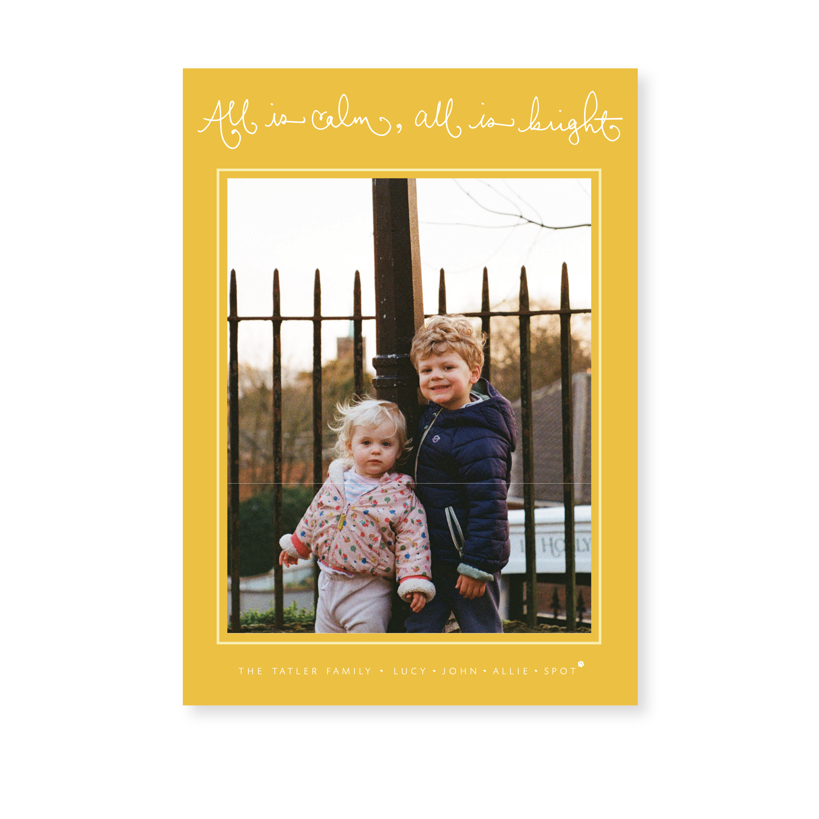 Tatler Classic Flat Print Holiday Card featuring whimsical hand-lettered calligraphy and a mounted family photograph by Stovall Collection.