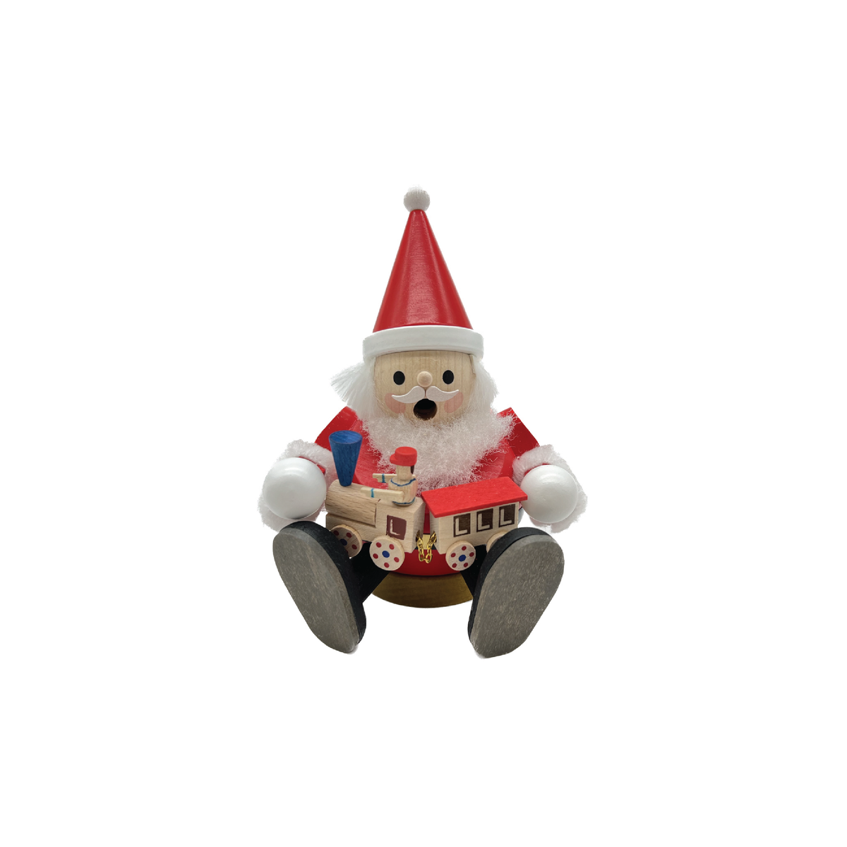 Santa’s Toy Train German wooden Christmas incense smoker featuring seated Santa holding a toy train