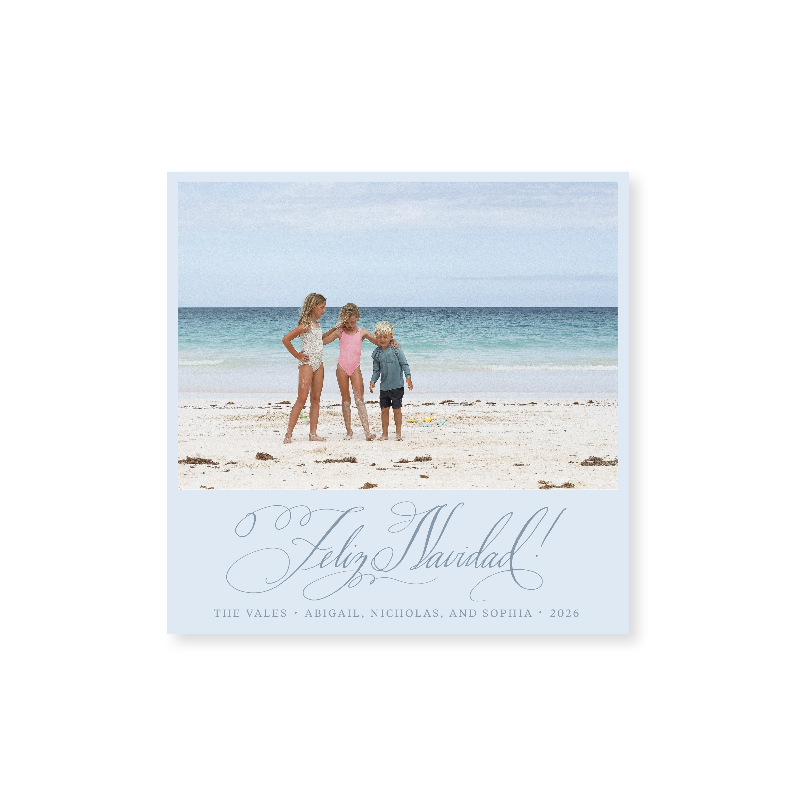 Vale Classic Flat Print photo mount holiday card featuring original pen-and-ink "Feliz Navidad" calligraphy by Stovall Collection.