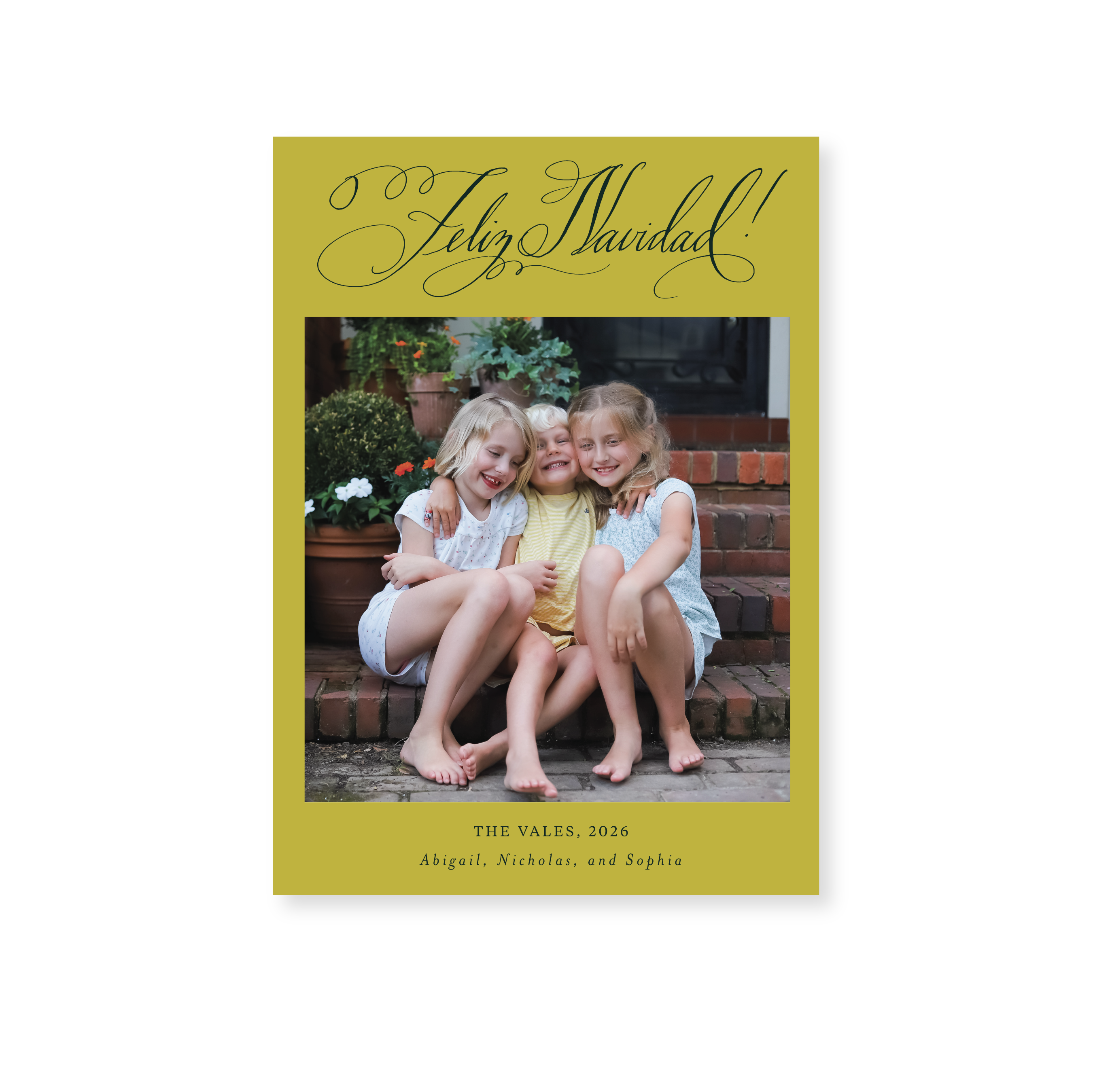 Vale Classic Flat Print photo mount holiday card featuring original pen-and-ink "Feliz Navidad" calligraphy by Stovall Collection.