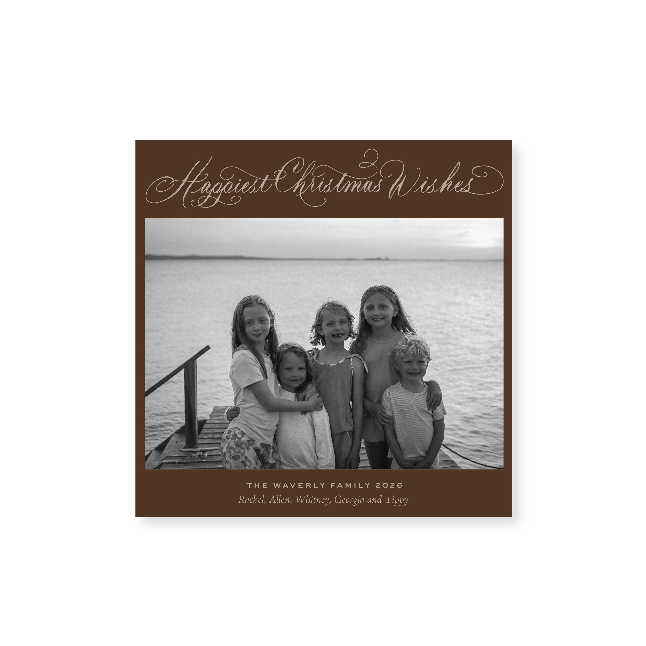 Waverly Classic Flat Print Happiest Christmas Wishes photo mount holiday card featuring elegant hand-lettered artwork by Stovall Collection.