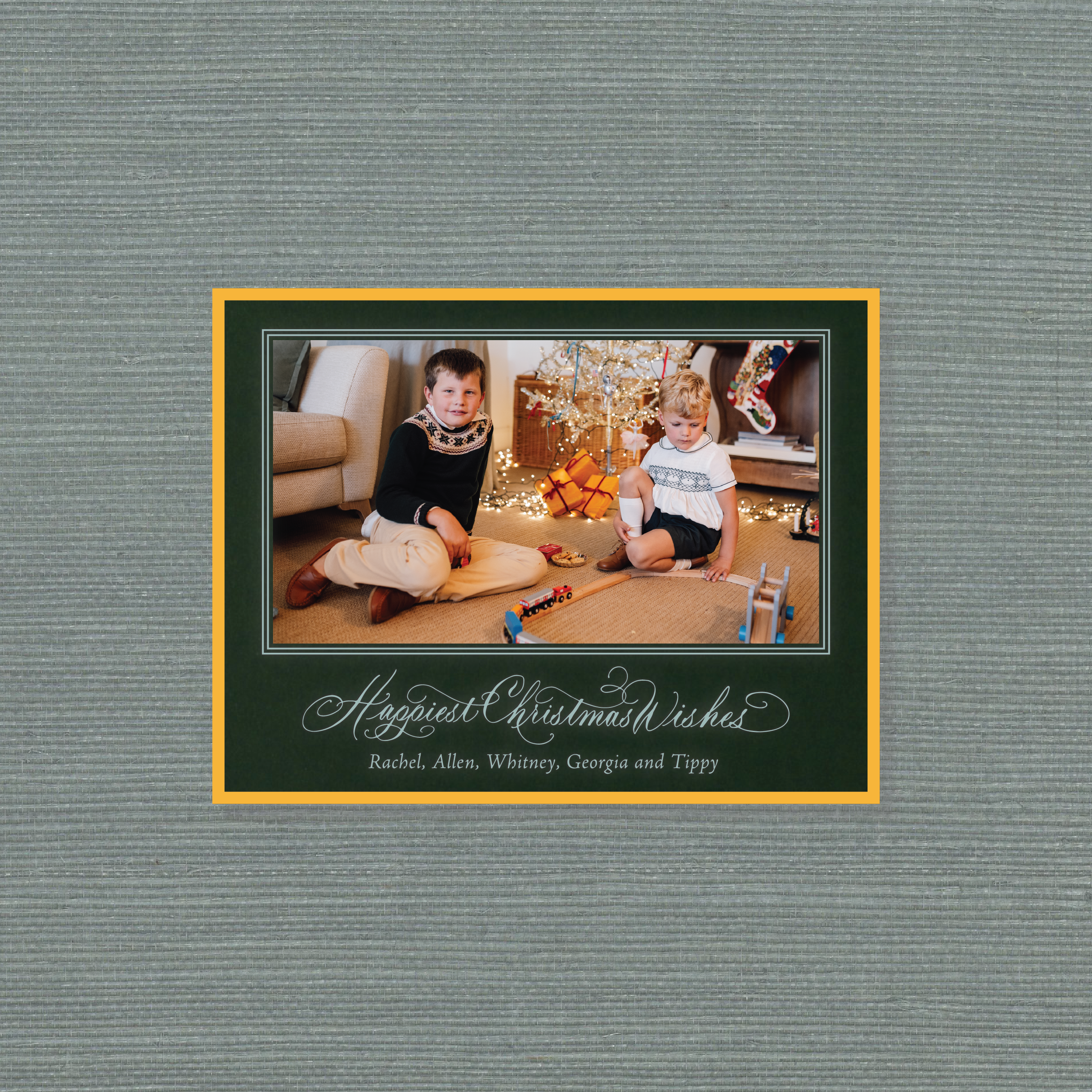 Waverly Engraved Holiday Card featuring hand-lettered “Happiest Christmas Wishes” calligraphy, a favorite family photograph, and traditional engraving.