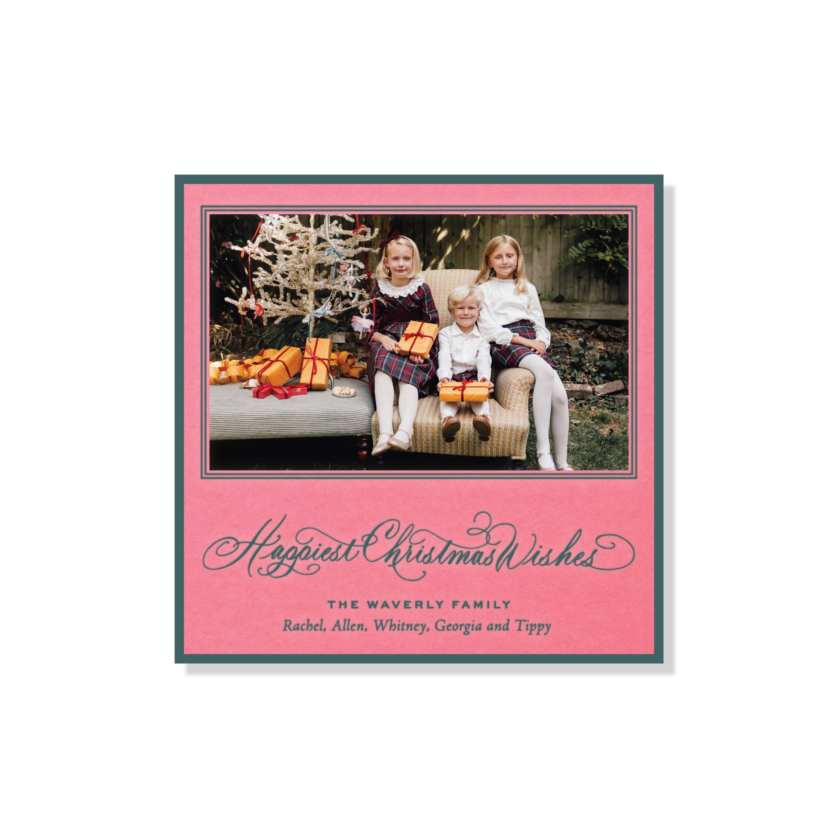 Personalized Waverly Engraved Holiday Card featuring a family photograph and graceful hand-lettered Christmas calligraphy.