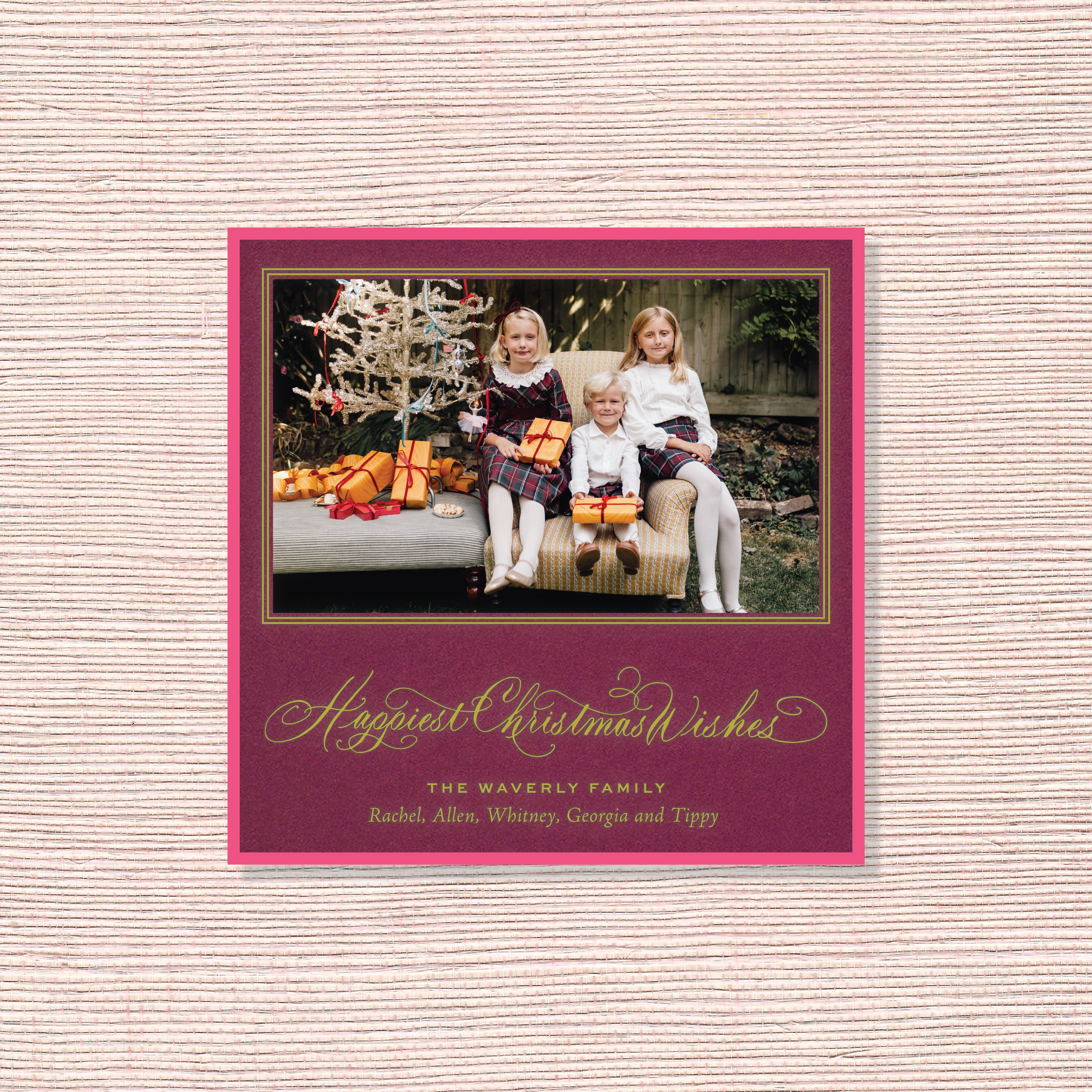 Personalized Waverly Engraved Holiday Card featuring a family photograph and graceful hand-lettered Christmas calligraphy.