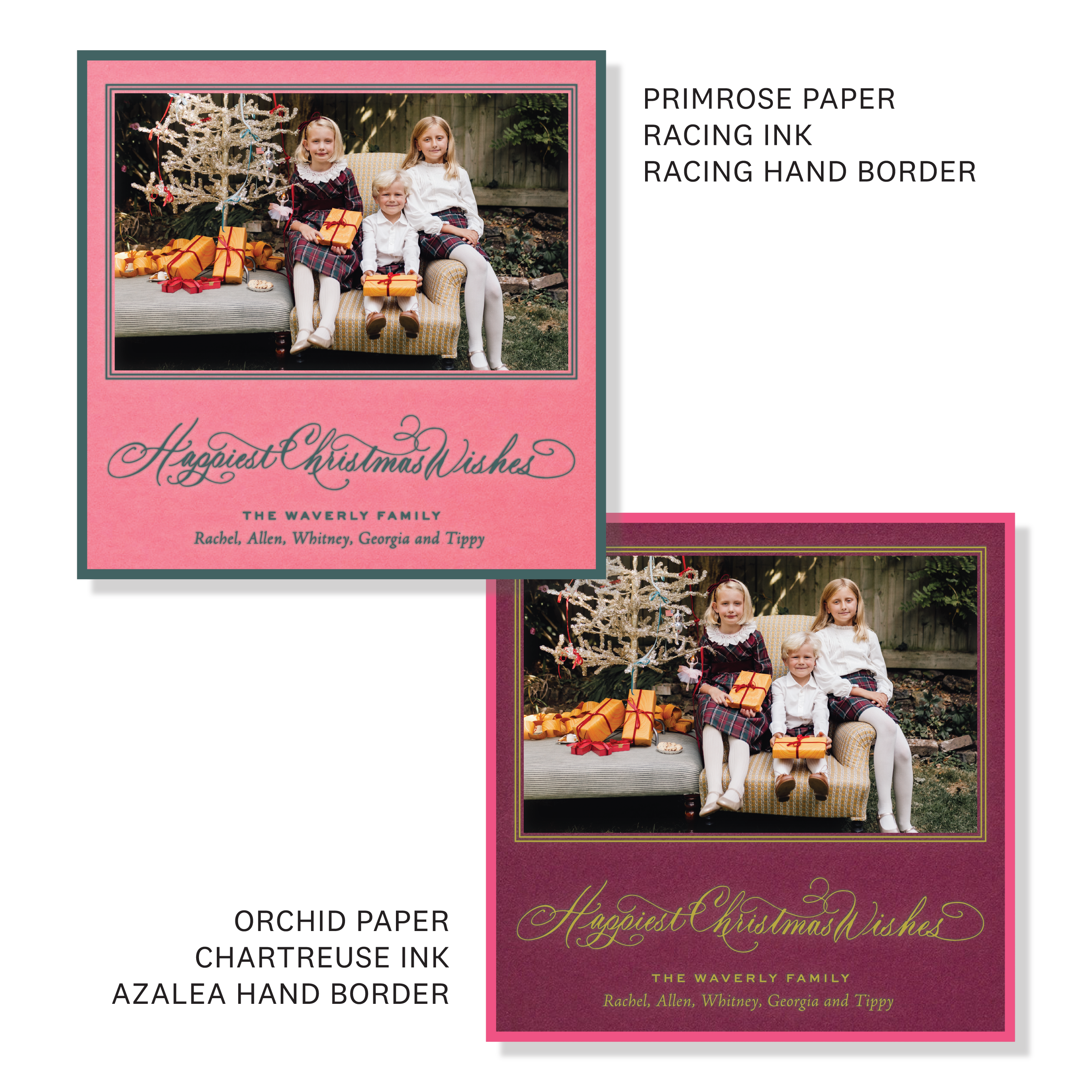 Personalized Waverly Engraved Holiday Card featuring a family photograph and graceful hand-lettered Christmas calligraphy.