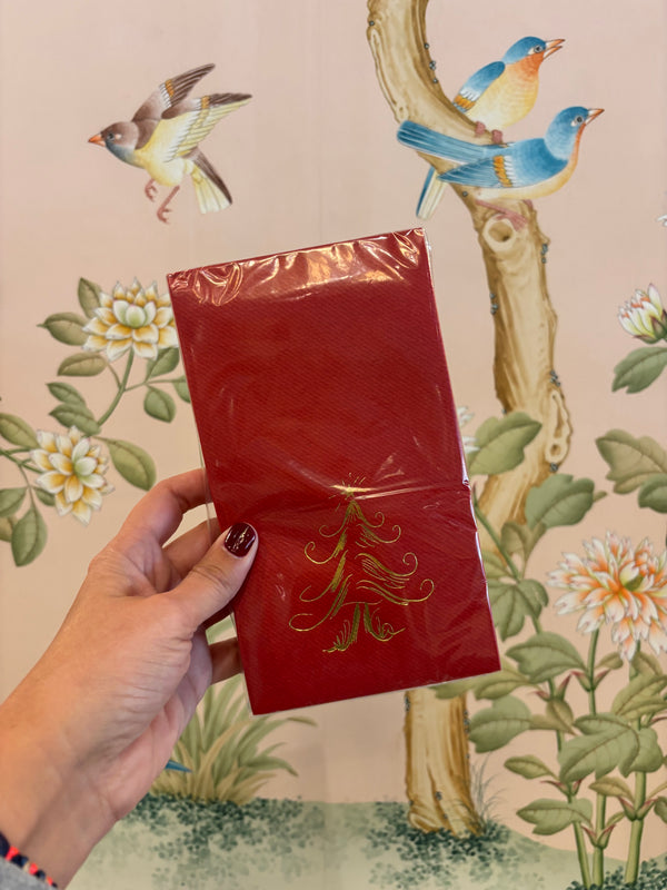 Whimsy Tree Linun Guest Towel - gold on dark red