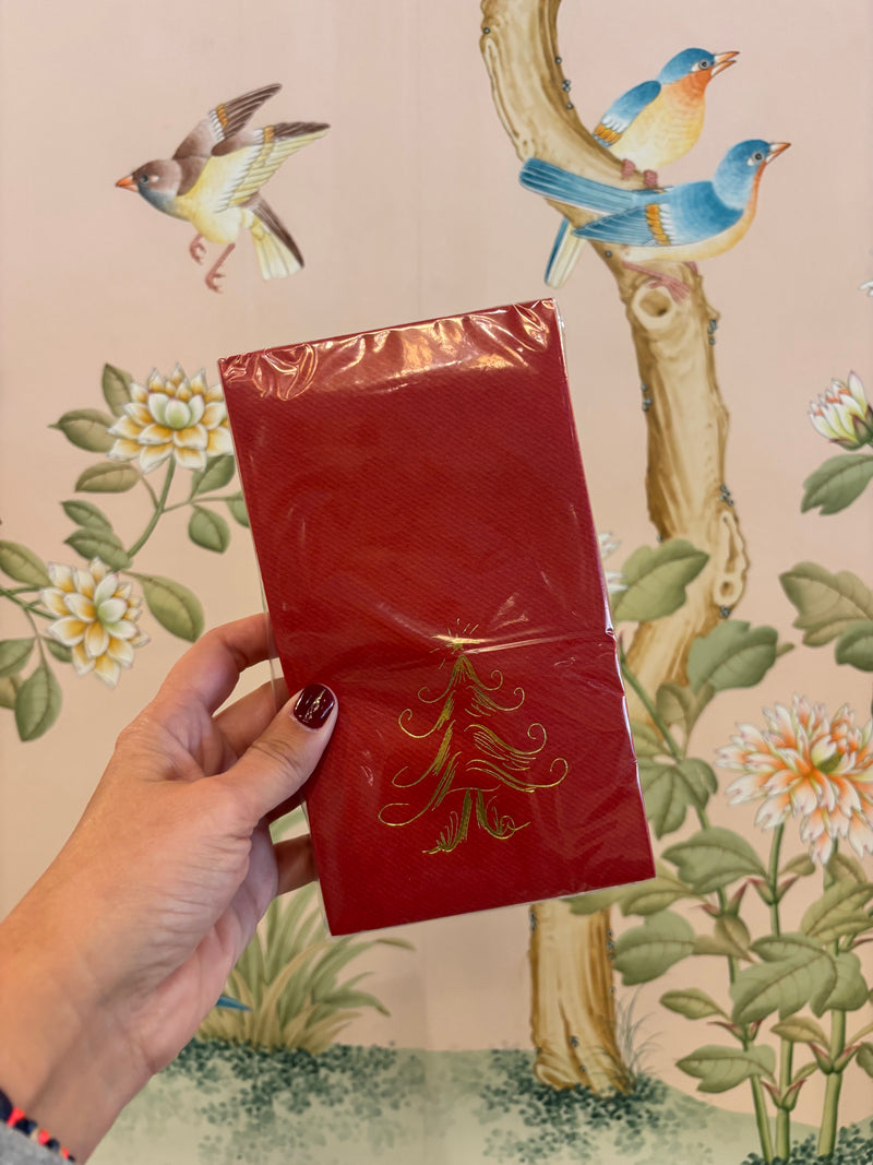 Whimsy Tree Linun Guest Towel - gold on dark red