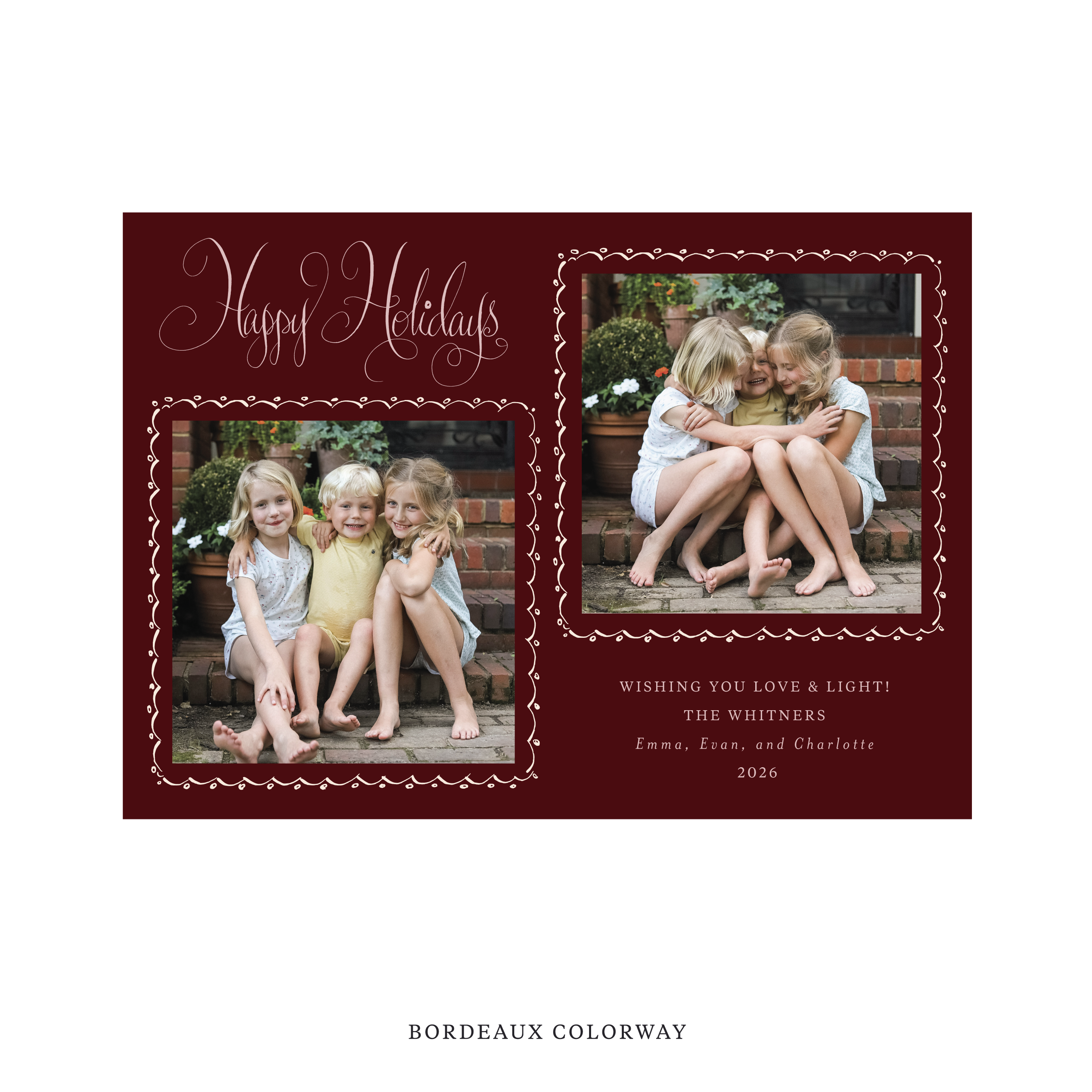 Celebrate the season with the Whitner "Happy Holidays" Holiday Card by Stovall Collection. Featuring original hand-lettered artwork, this luxury personalized photo mount holiday card is available in 22 thoughtfully curated flat printing colorways.