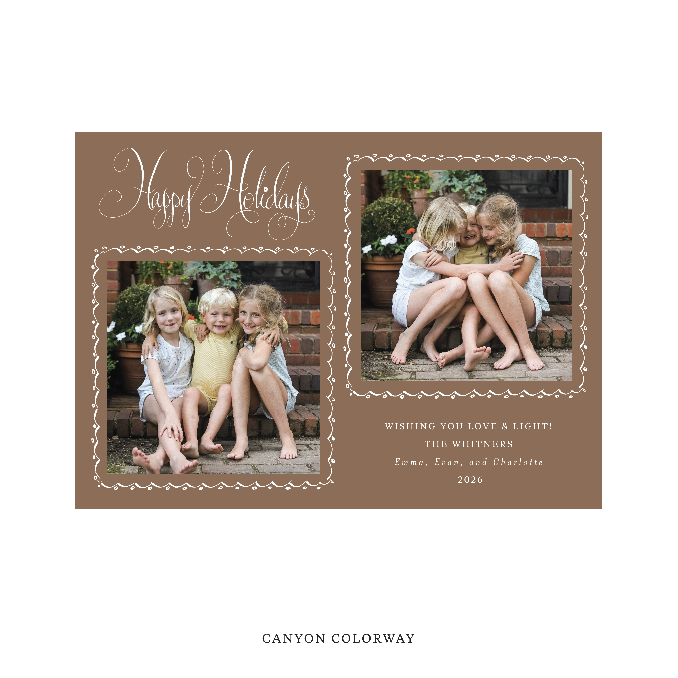 Celebrate the season with the Whitner "Happy Holidays" Holiday Card by Stovall Collection. Featuring original hand-lettered artwork, this luxury personalized photo mount holiday card is available in 22 thoughtfully curated flat printing colorways.