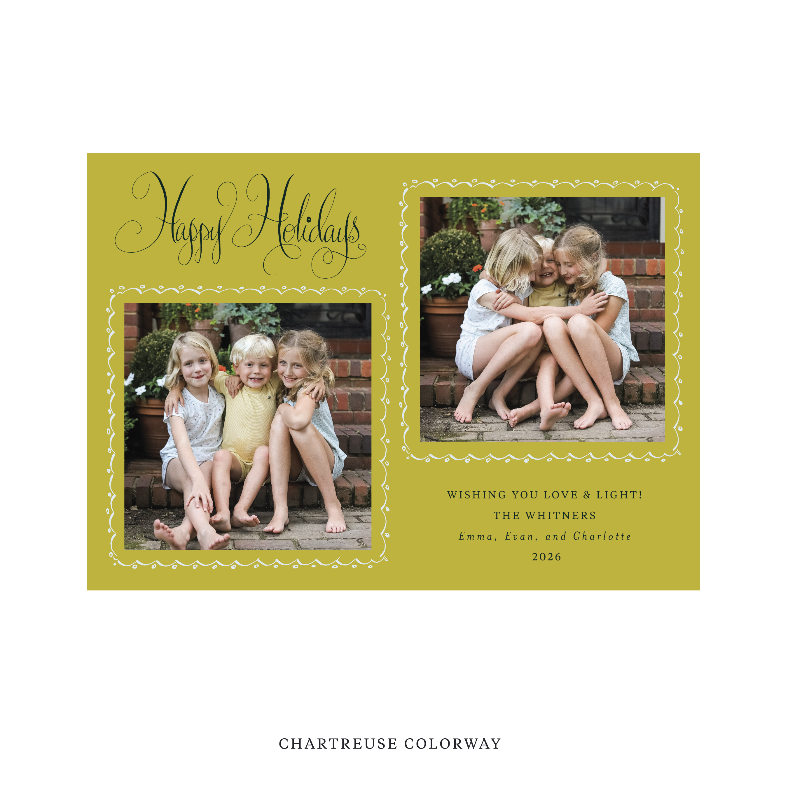 Celebrate the season with the Whitner "Happy Holidays" Holiday Card by Stovall Collection. Featuring original hand-lettered artwork, this luxury personalized photo mount holiday card is available in 22 thoughtfully curated flat printing colorways.