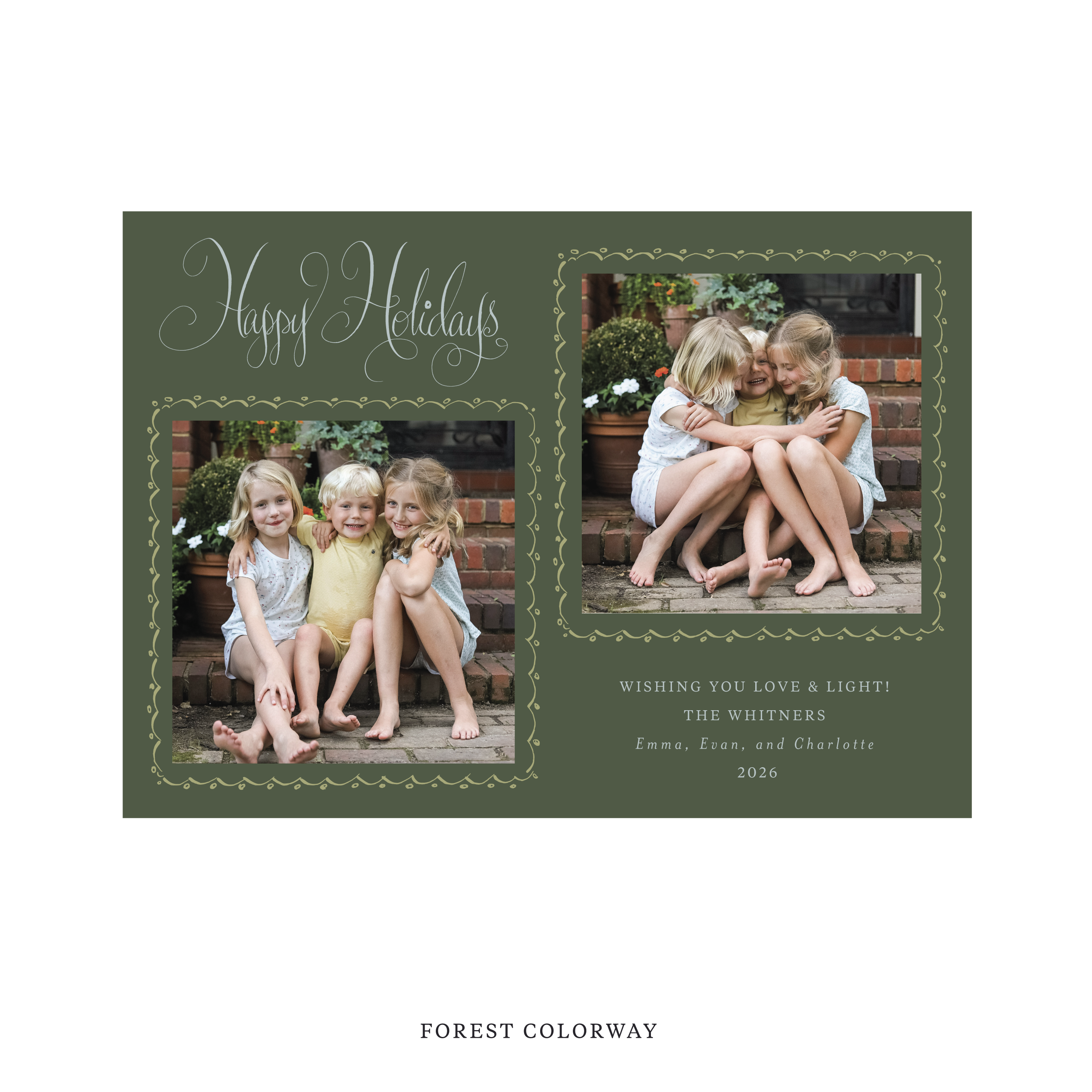 Celebrate the season with the Whitner "Happy Holidays" Holiday Card by Stovall Collection. Featuring original hand-lettered artwork, this luxury personalized photo mount holiday card is available in 22 thoughtfully curated flat printing colorways.