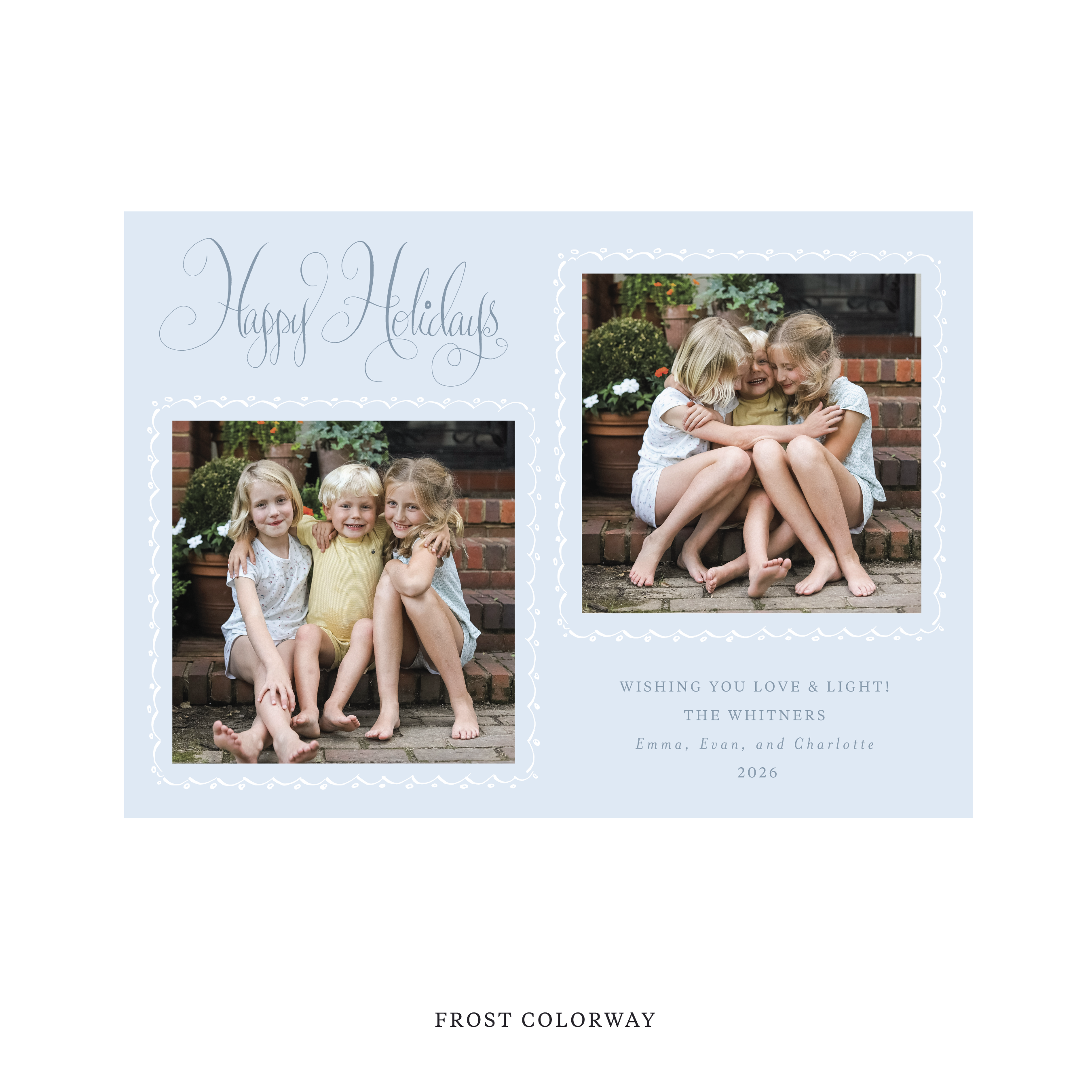 Celebrate the season with the Whitner "Happy Holidays" Holiday Card by Stovall Collection. Featuring original hand-lettered artwork, this luxury personalized photo mount holiday card is available in 22 thoughtfully curated flat printing colorways.