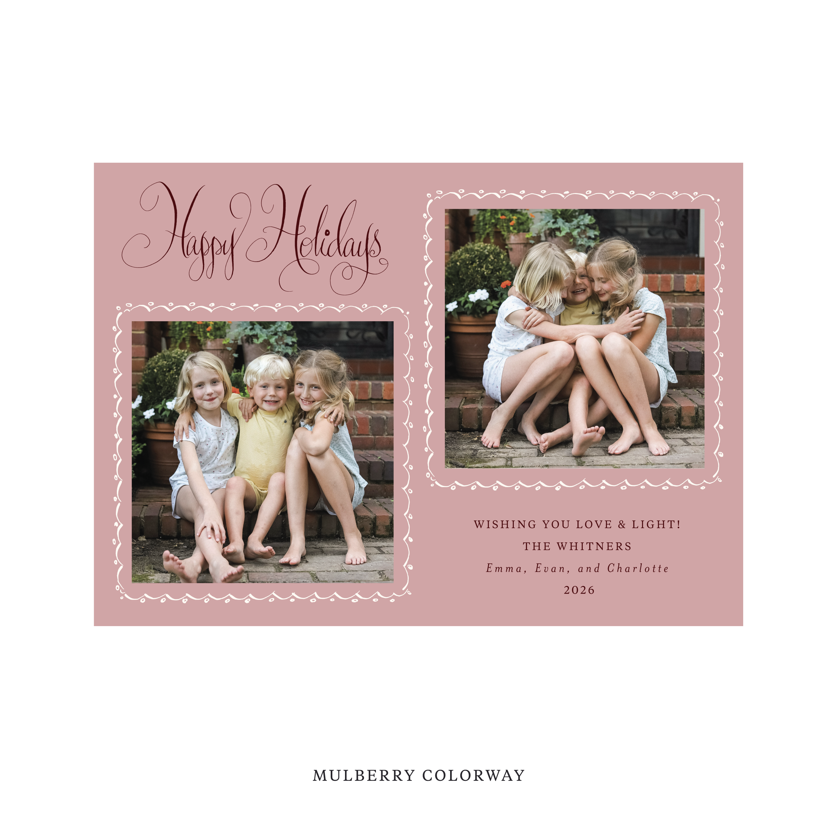 Celebrate the season with the Whitner "Happy Holidays" Holiday Card by Stovall Collection. Featuring original hand-lettered artwork, this luxury personalized photo mount holiday card is available in 22 thoughtfully curated flat printing colorways.