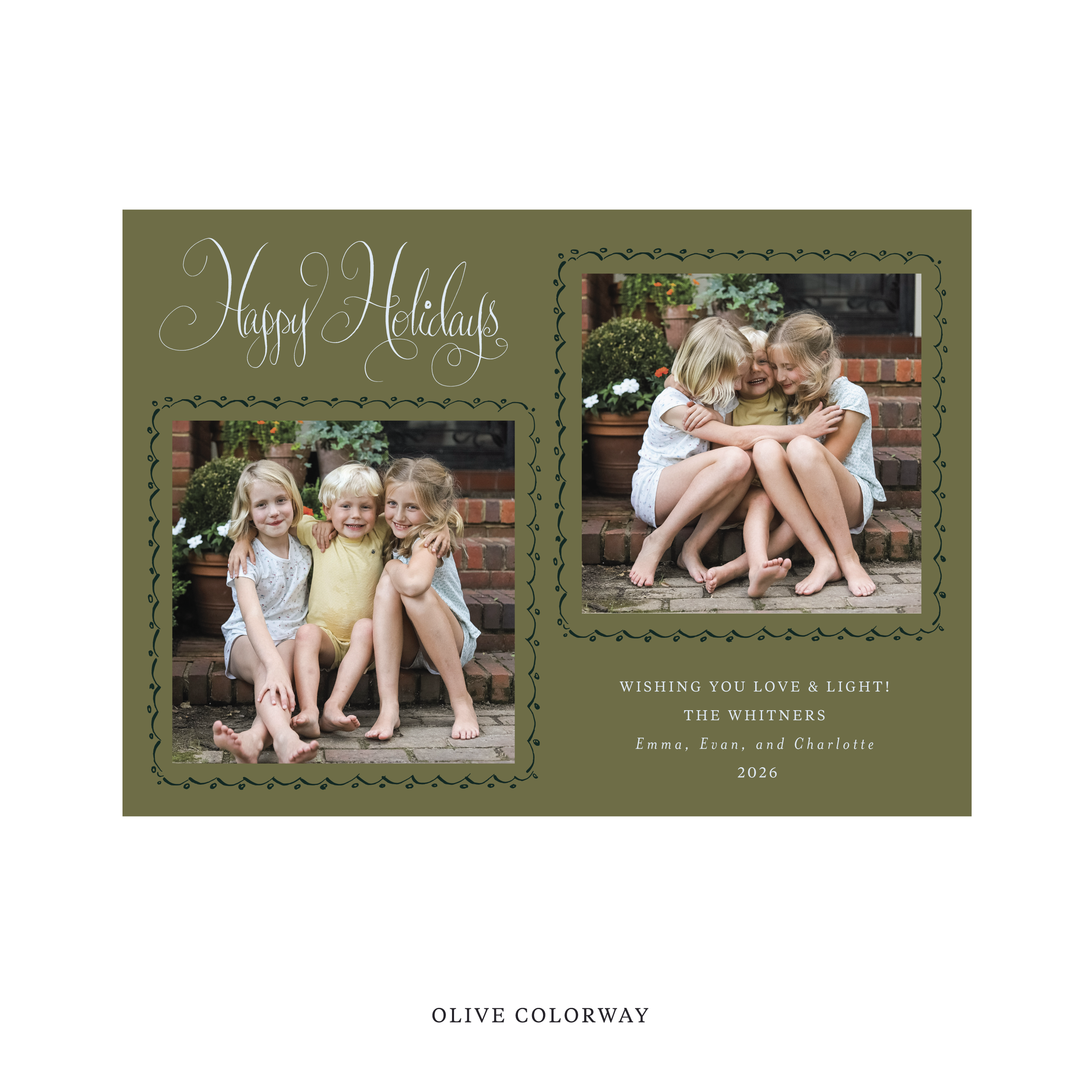 Celebrate the season with the Whitner "Happy Holidays" Holiday Card by Stovall Collection. Featuring original hand-lettered artwork, this luxury personalized photo mount holiday card is available in 22 thoughtfully curated flat printing colorways.