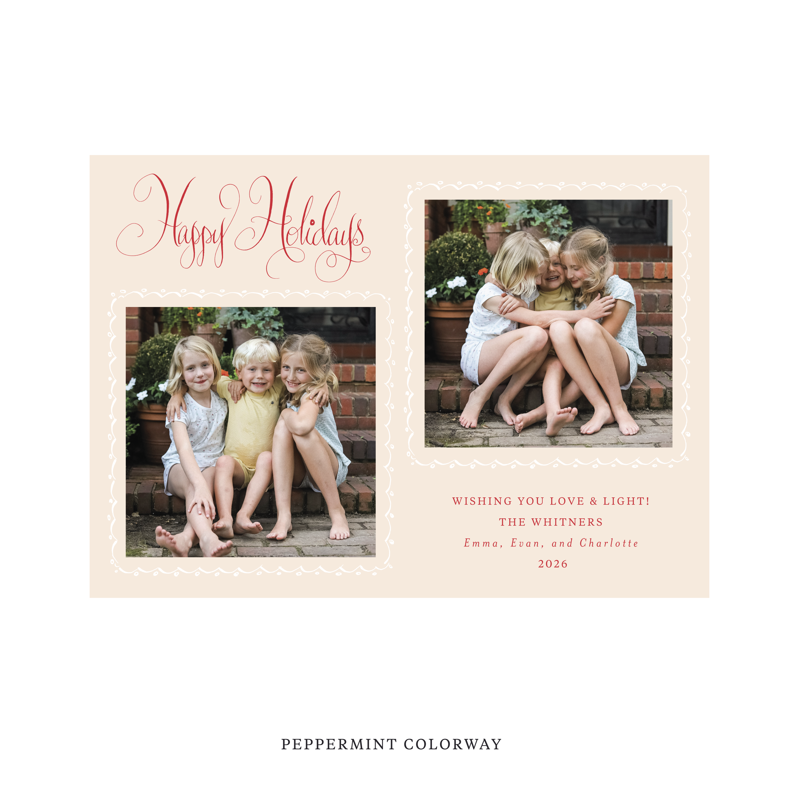 Celebrate the season with the Whitner "Happy Holidays" Holiday Card by Stovall Collection. Featuring original hand-lettered artwork, this luxury personalized photo mount holiday card is available in 22 thoughtfully curated flat printing colorways.
