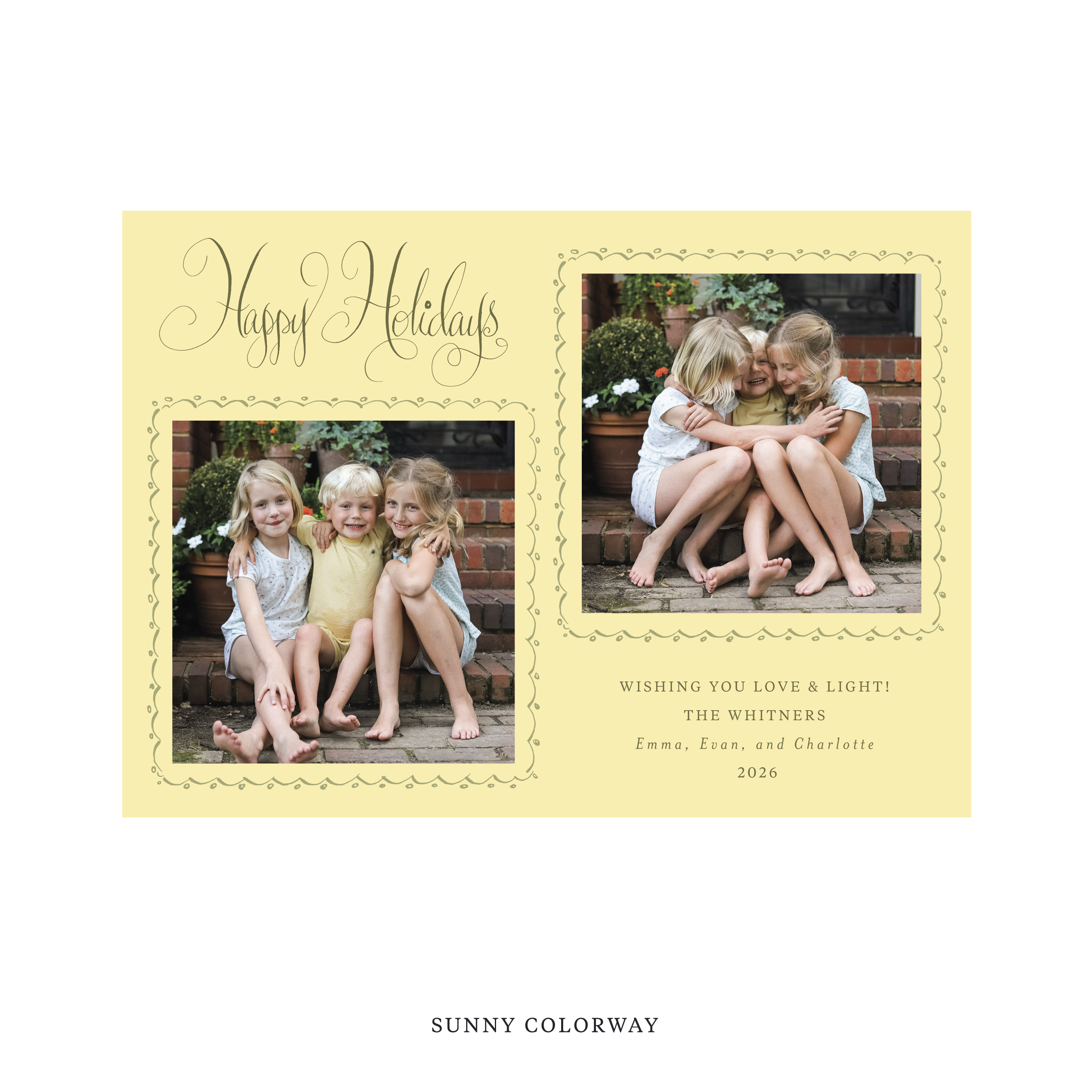 Celebrate the season with the Whitner "Happy Holidays" Holiday Card by Stovall Collection. Featuring original hand-lettered artwork, this luxury personalized photo mount holiday card is available in 22 thoughtfully curated flat printing colorways.