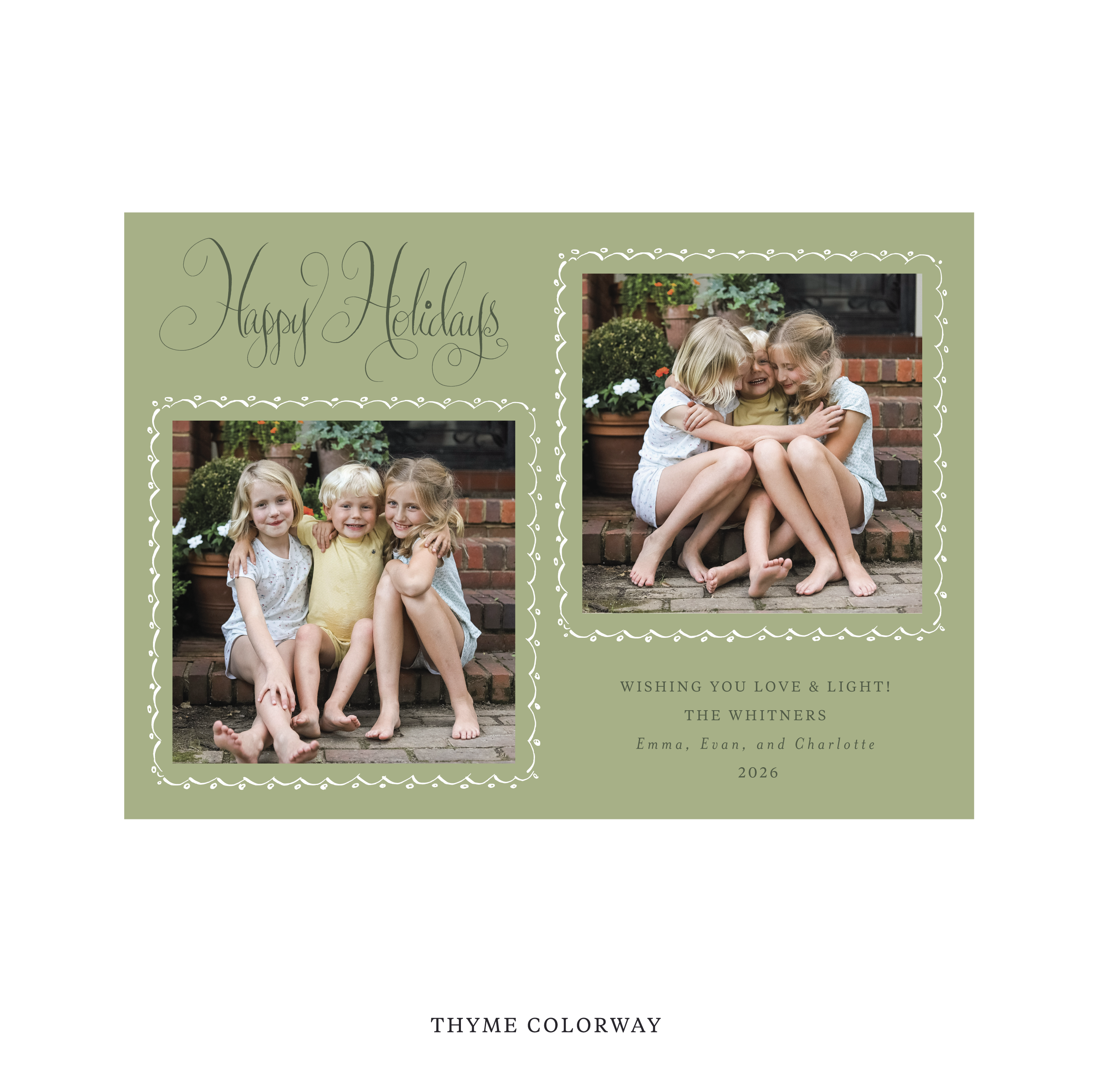 Celebrate the season with the Whitner "Happy Holidays" Holiday Card by Stovall Collection. Featuring original hand-lettered artwork, this luxury personalized photo mount holiday card is available in 22 thoughtfully curated flat printing colorways.