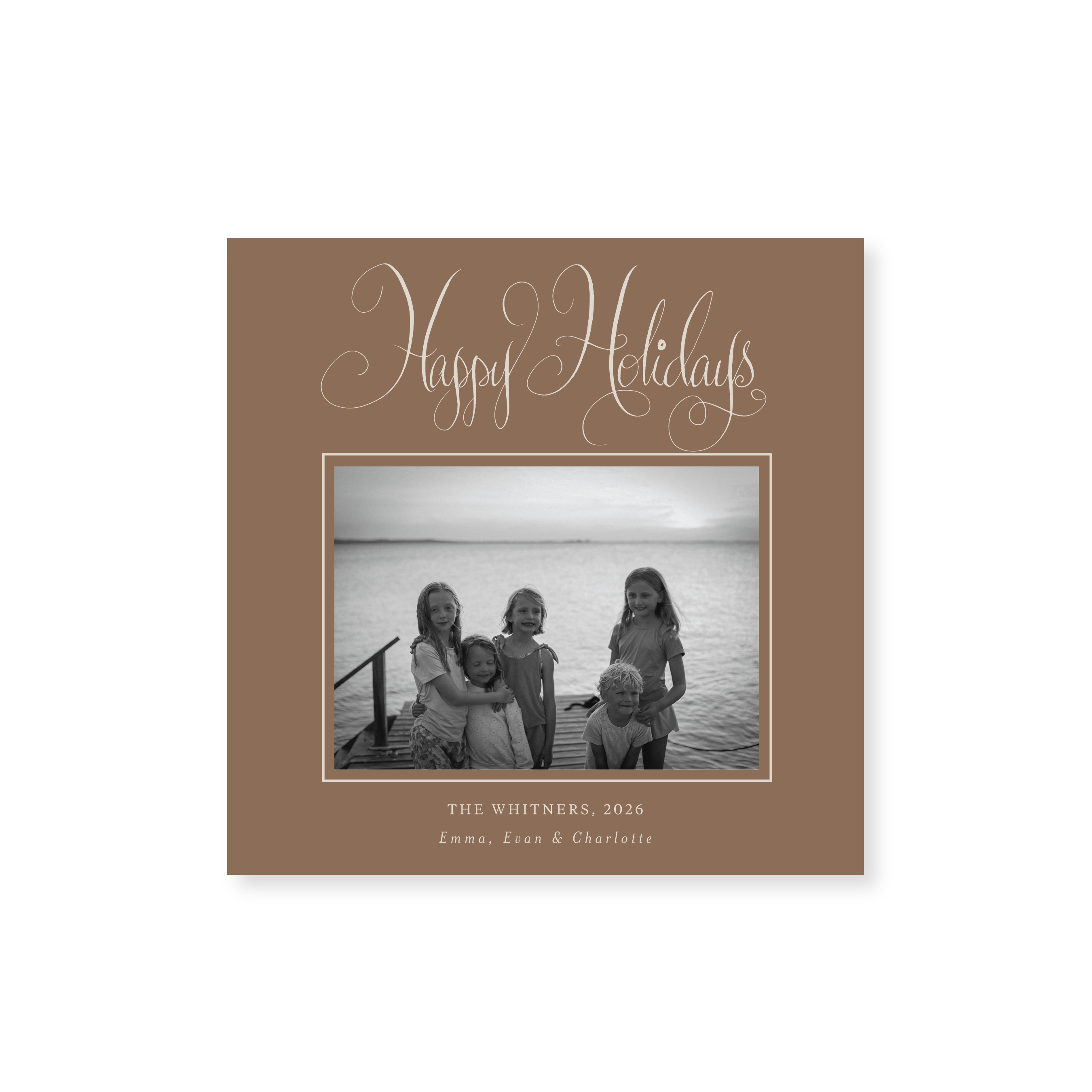 Whitner Classic Flat Print photo mount holiday card featuring original pen-and-ink "Happy Holidays" calligraphy by Stovall Collection.