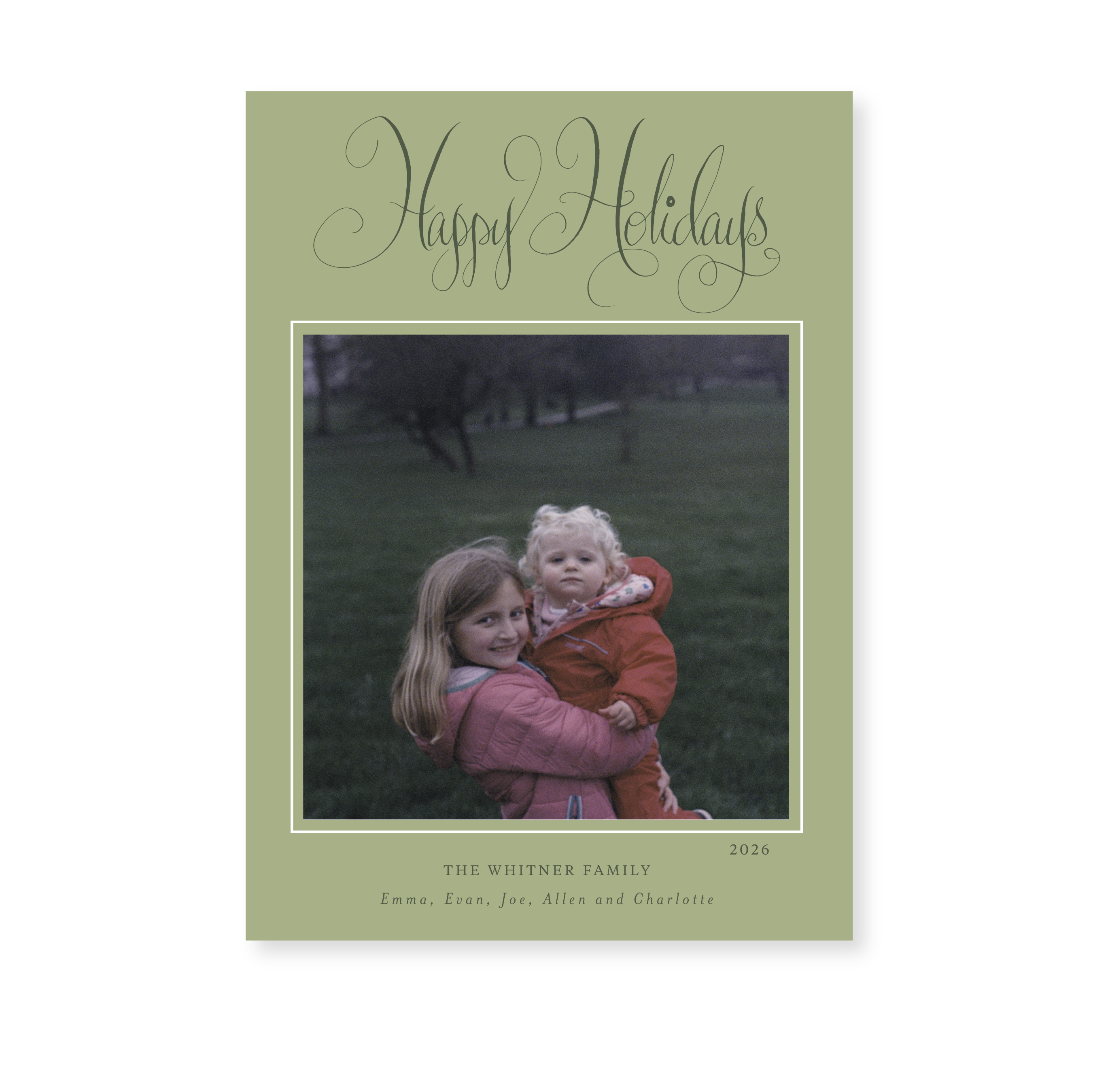 Whitner Classic Flat Print photo mount holiday card featuring original pen-and-ink "Happy Holidays" calligraphy by Stovall Collection.