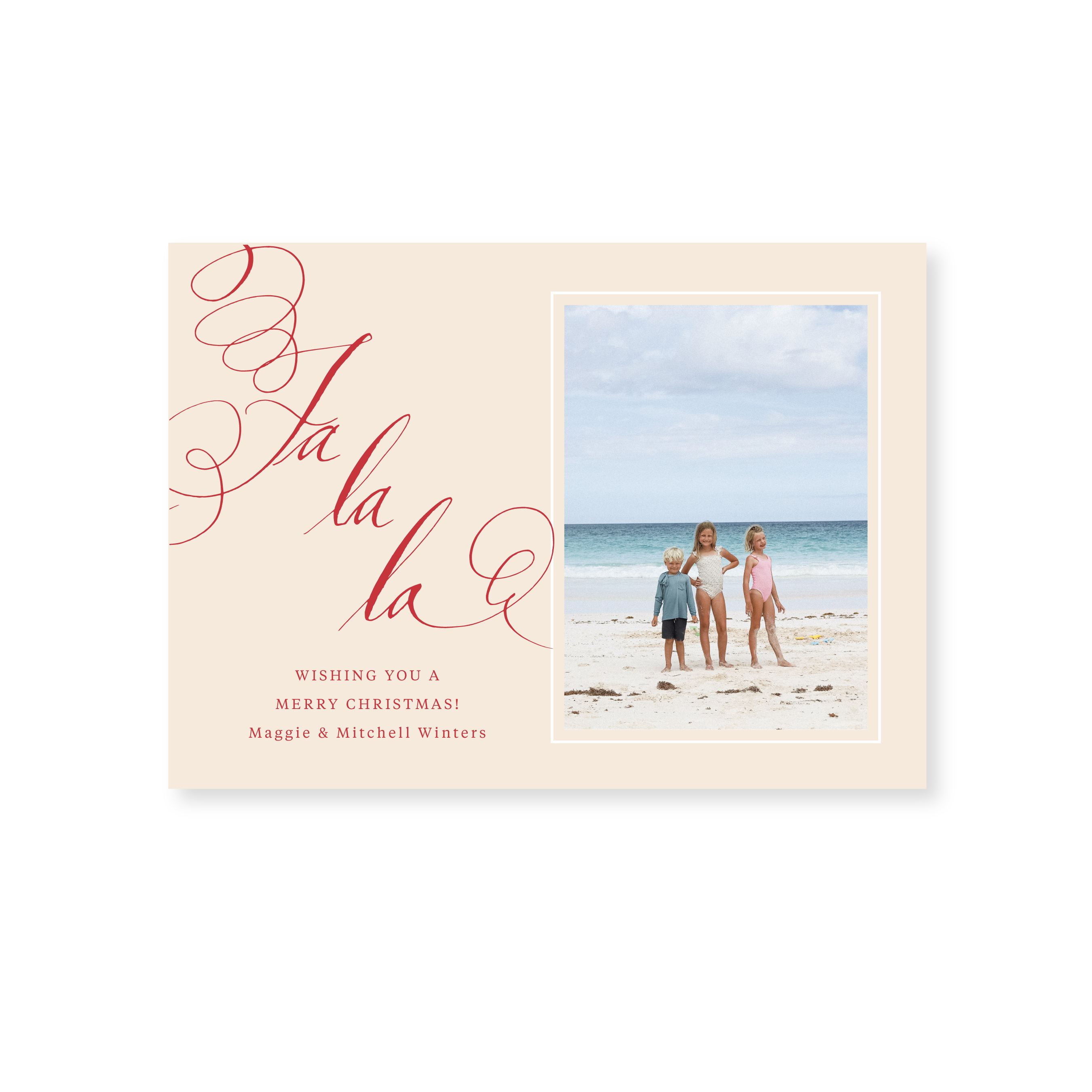 Farnley Classic Flat Print photo mount holiday card featuring original pen-and-ink "Fa La La" calligraphy by Stovall Collection.