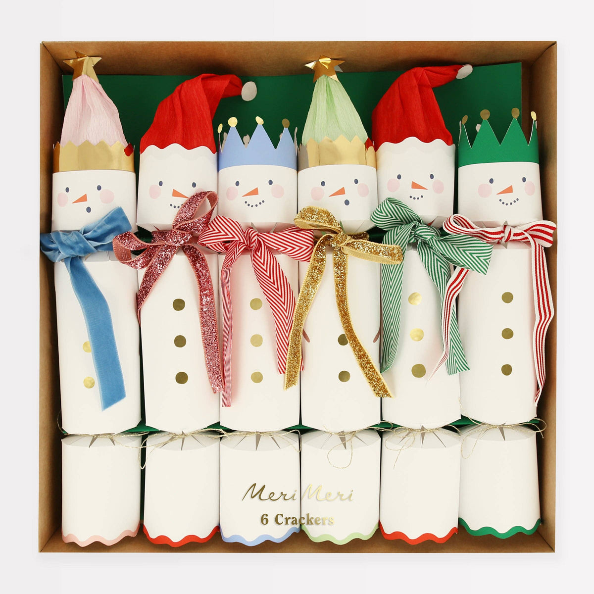 Set of six festive snowman crackers for Christmas table settings