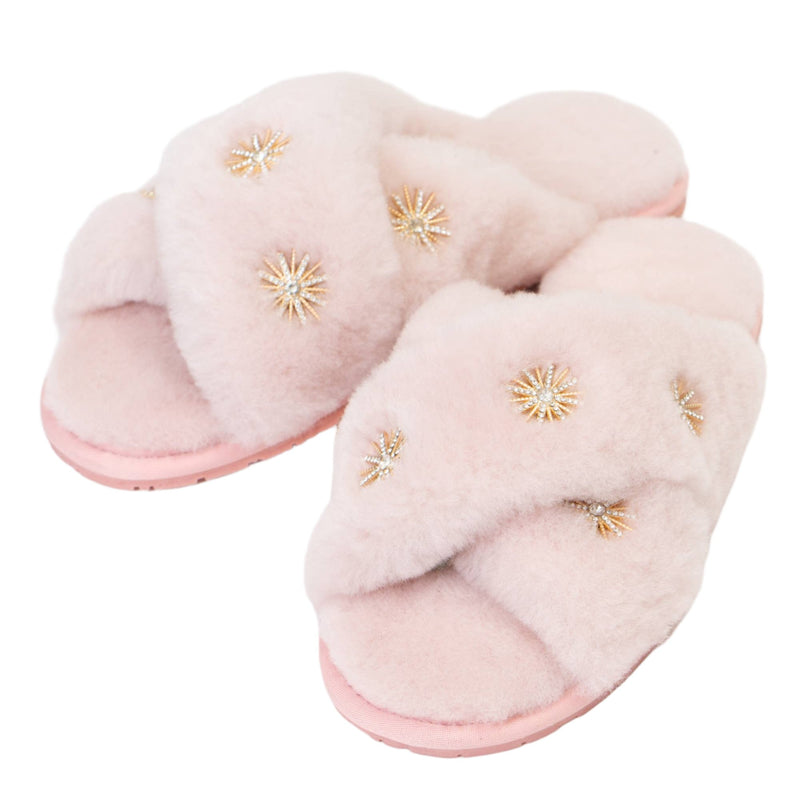 Blush Sheepskin Crystal Slippers