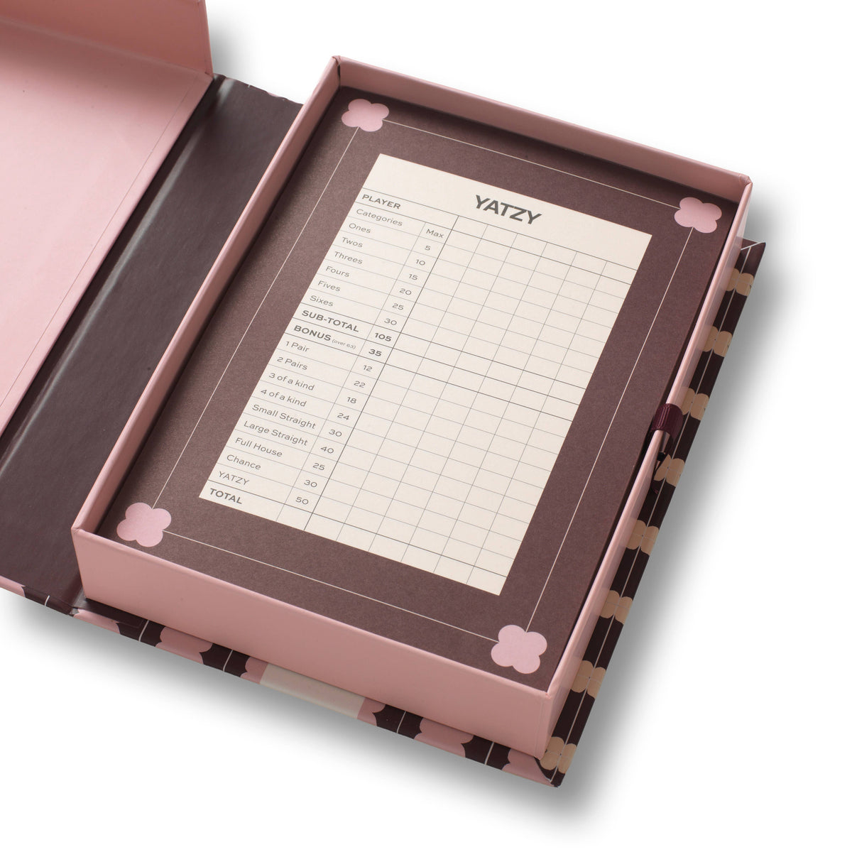 Papier Yatzy Game in brown and blush clover print keepsake box