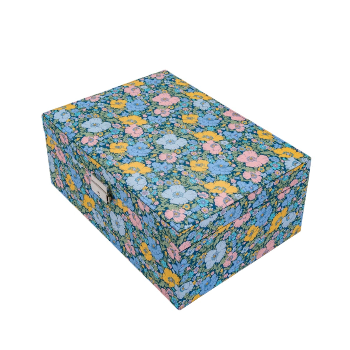 Top your dressing table with this beautiful and practical jewelry box. Fitted with a lock and key and covered in Liberty of London fabric, this jewelry box has an organizational tray that lifts out to reveal additional divided storage.&nbsp;&nbsp;