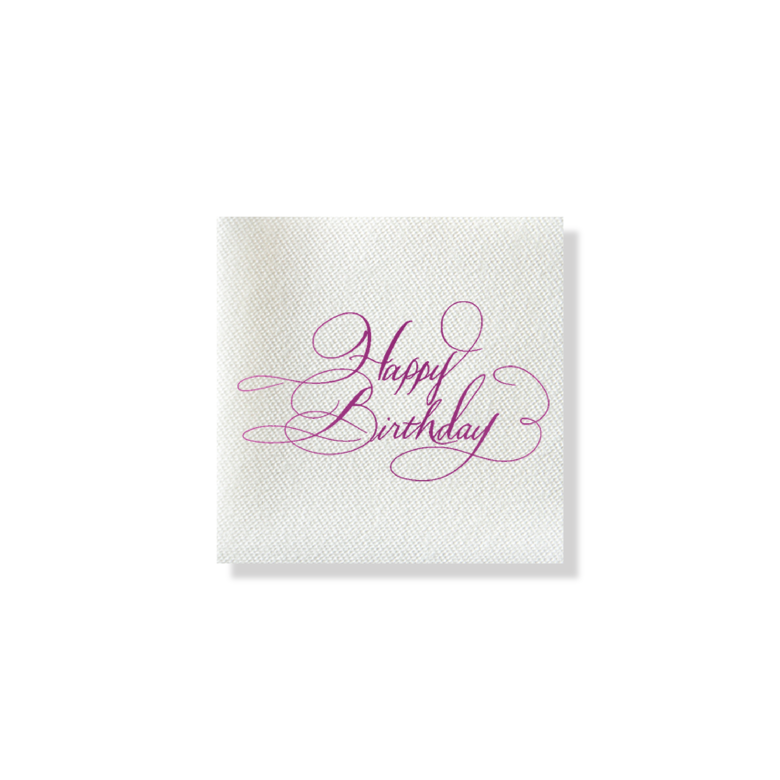 Inés Happy Birthday petite cocktail napkin with berry pink calligraphy, 4-inch linen-like paper birthday napkin