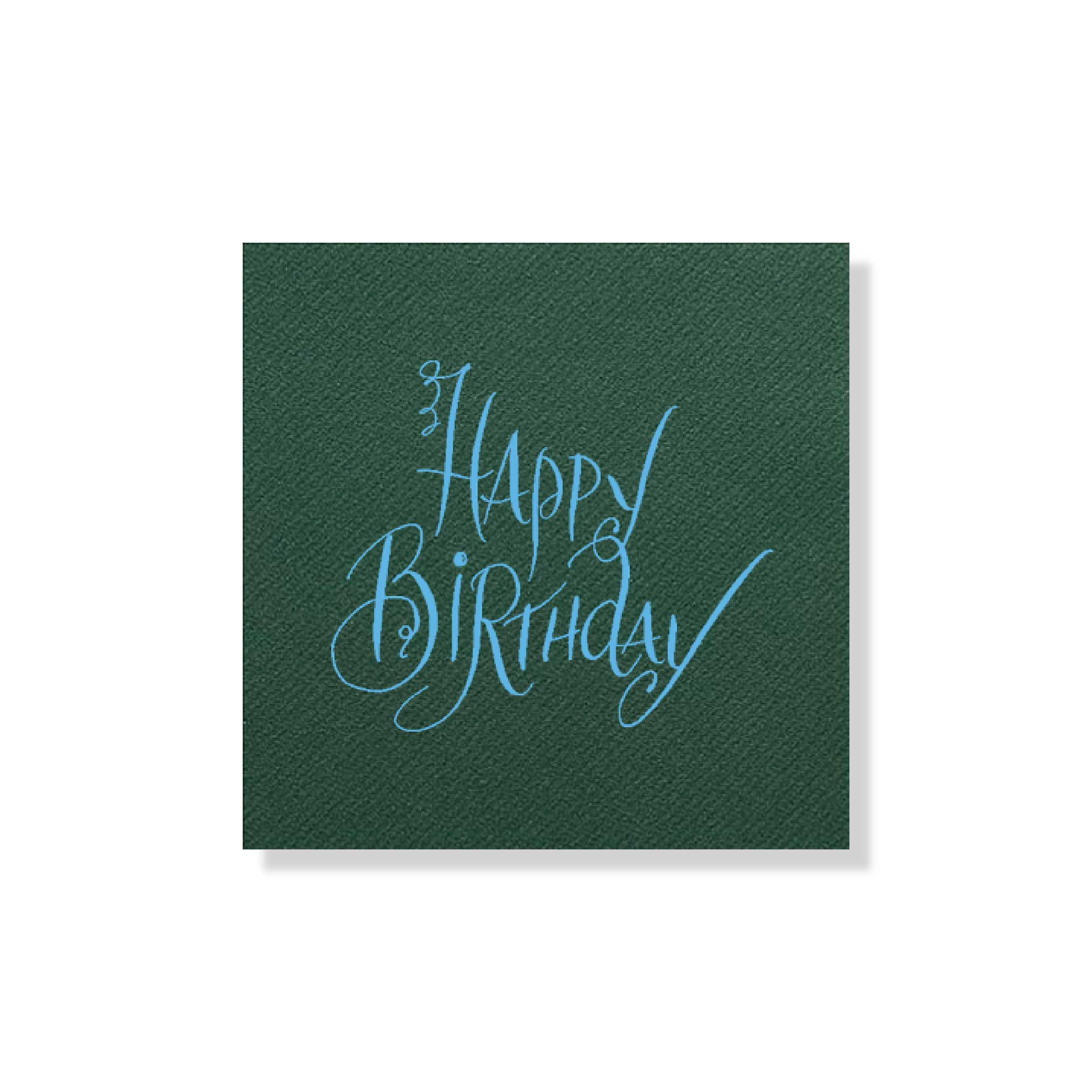 Mara Happy Birthday cocktail napkin with bright blue calligraphy on forest green linen-like paper