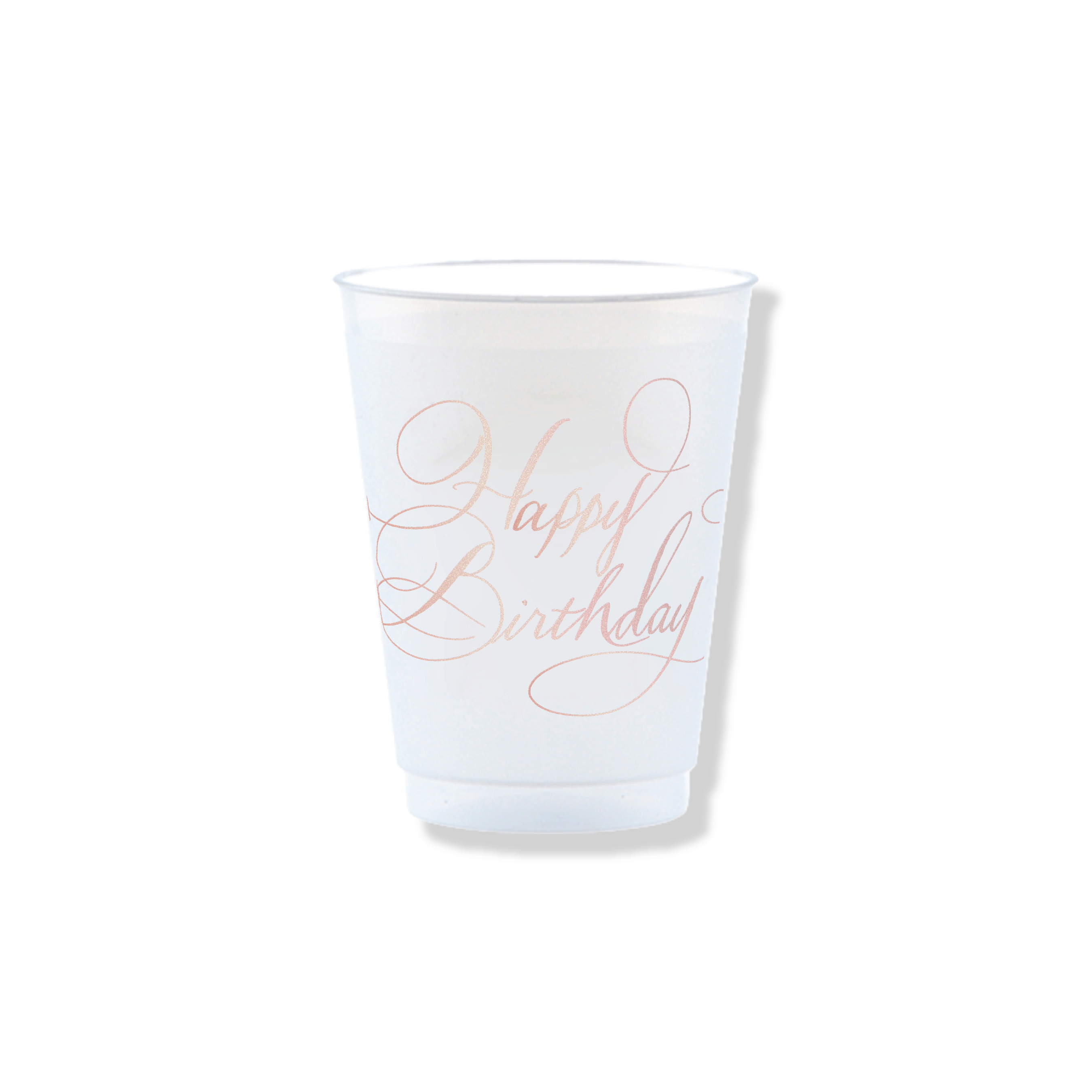 Inés Happy Birthday reusable party cup with elegant rose gold calligraphy, 16oz shatterproof birthday cup by Stovall Collection