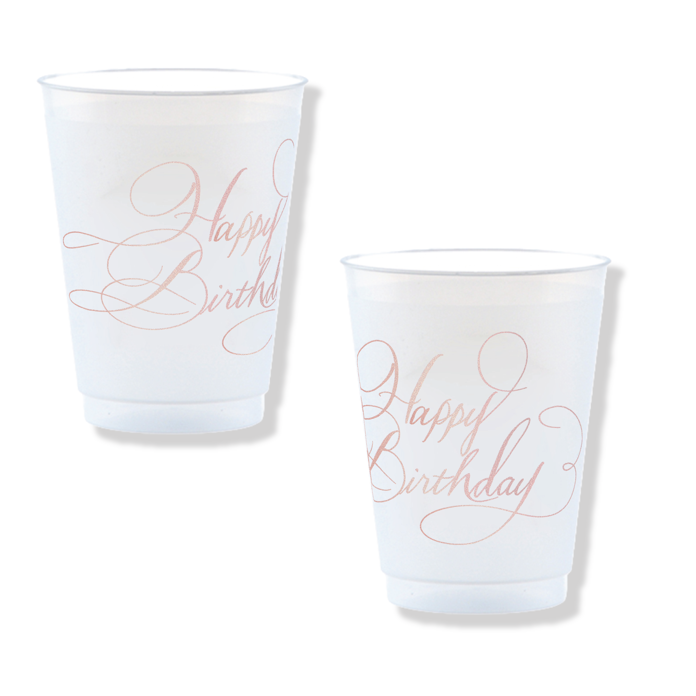 Inés Happy Birthday reusable party cups with rose gold calligraphy, stylish 16oz cups for birthday parties and celebrations