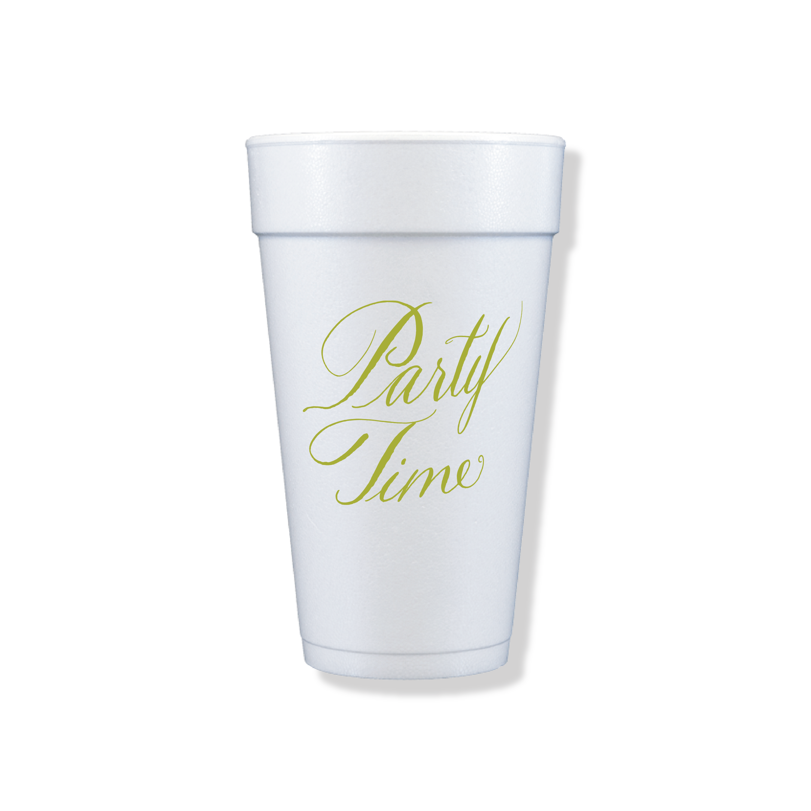 Party Time foam party cup with lime green calligraphy, 20oz insulated cup for cold drinks