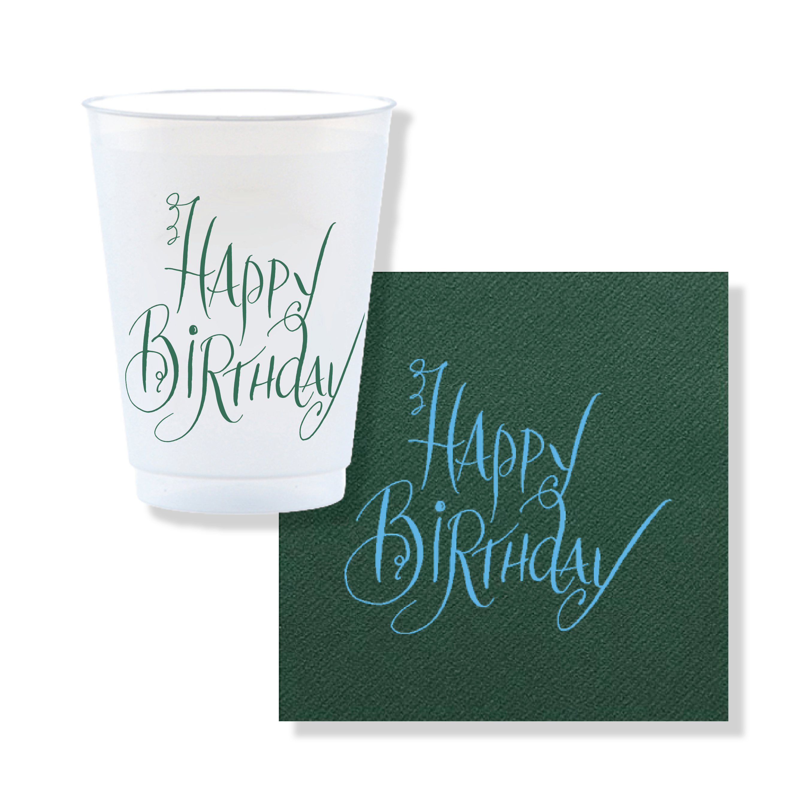 Mara Happy Birthday reusable party cup with matching forest green and blue cocktail napkin for birthday celebrations